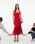 Red Linen Blend Lace Midi Dress