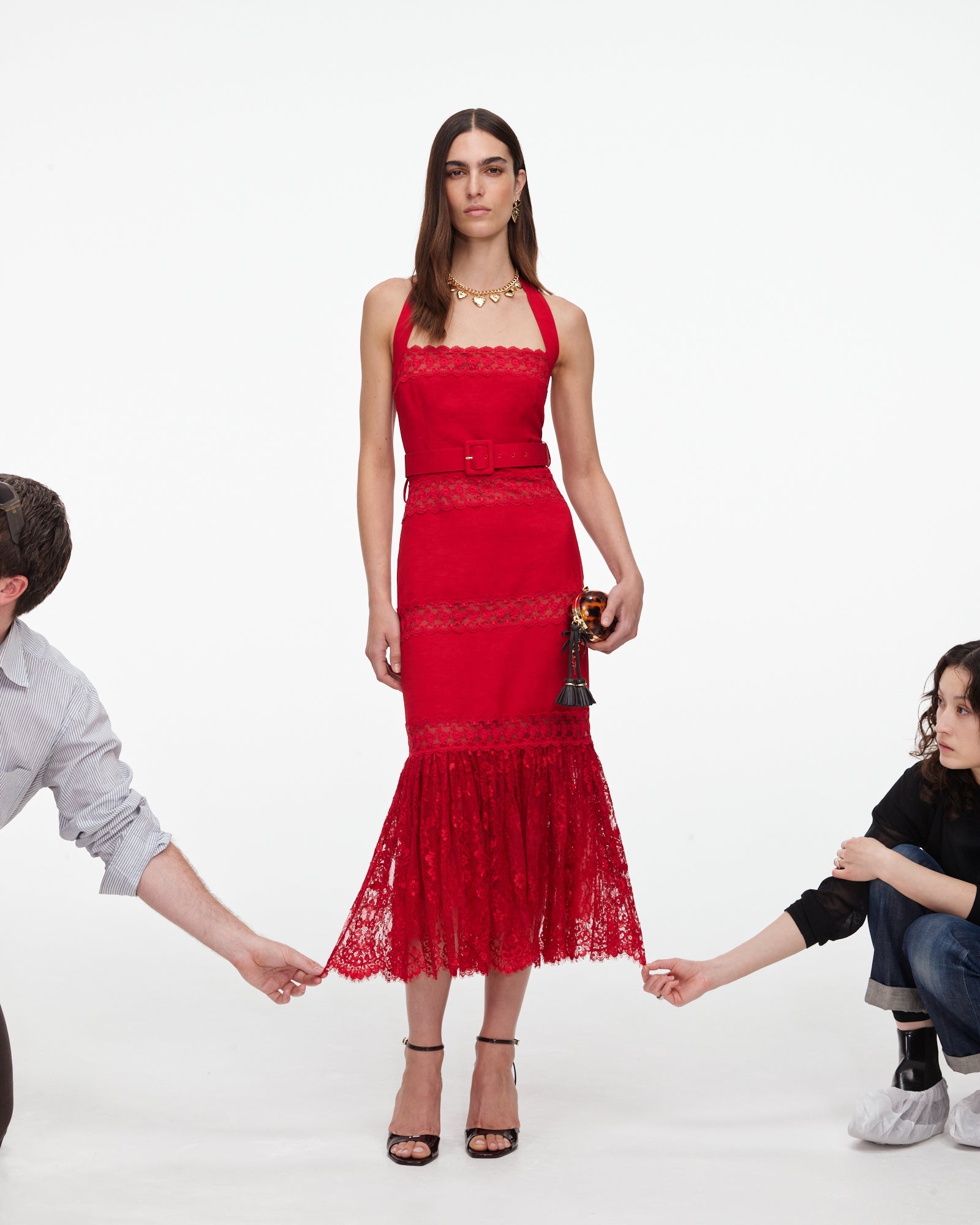 Red Linen Blend Lace Midi Dress