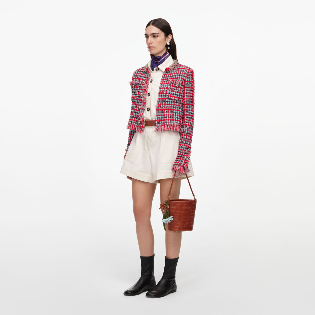 Red Check Frayed Knit Jacket