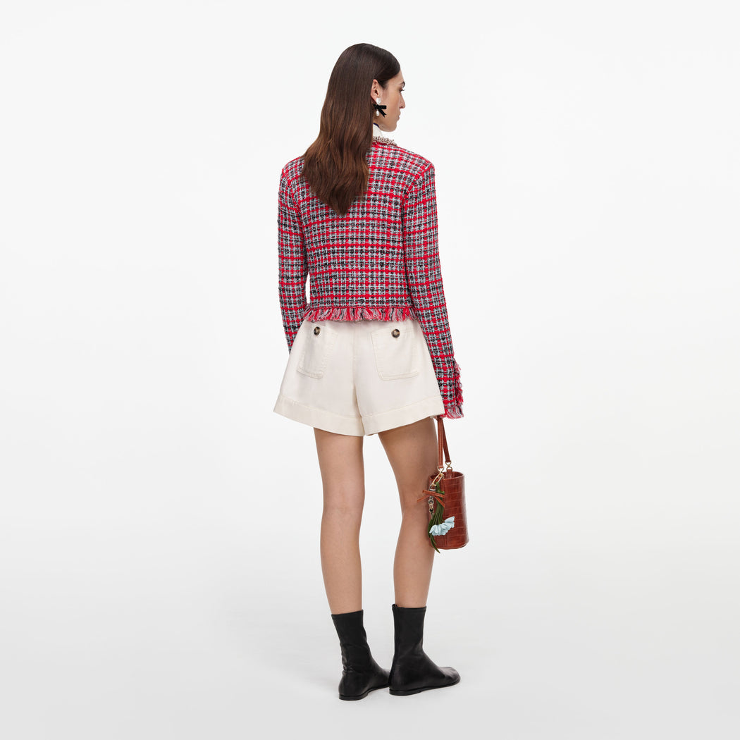Red Check Frayed Knit Jacket
