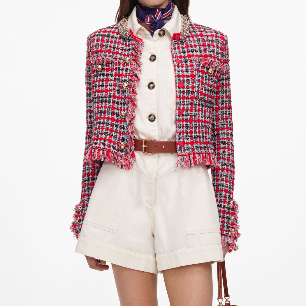 Red Check Frayed Knit Jacket