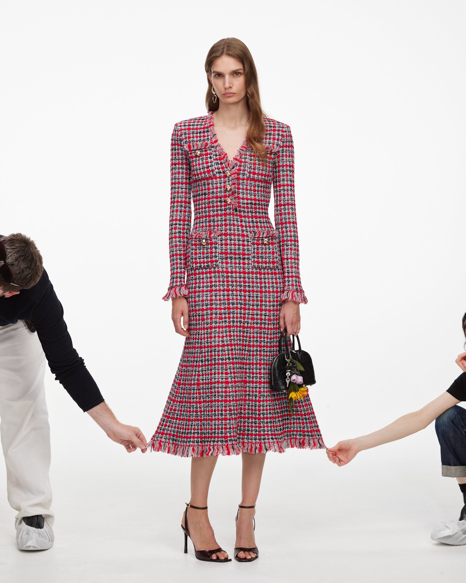 Red Check Frayed Knit Midi Dress