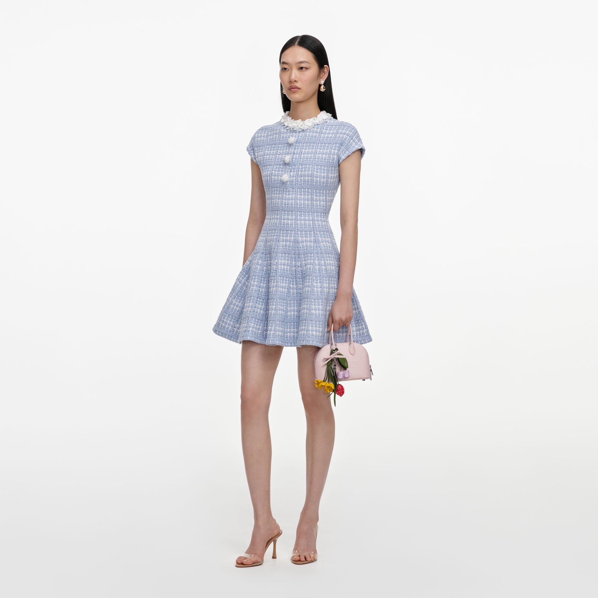 Blue Check Knit Beaded Mini Dress