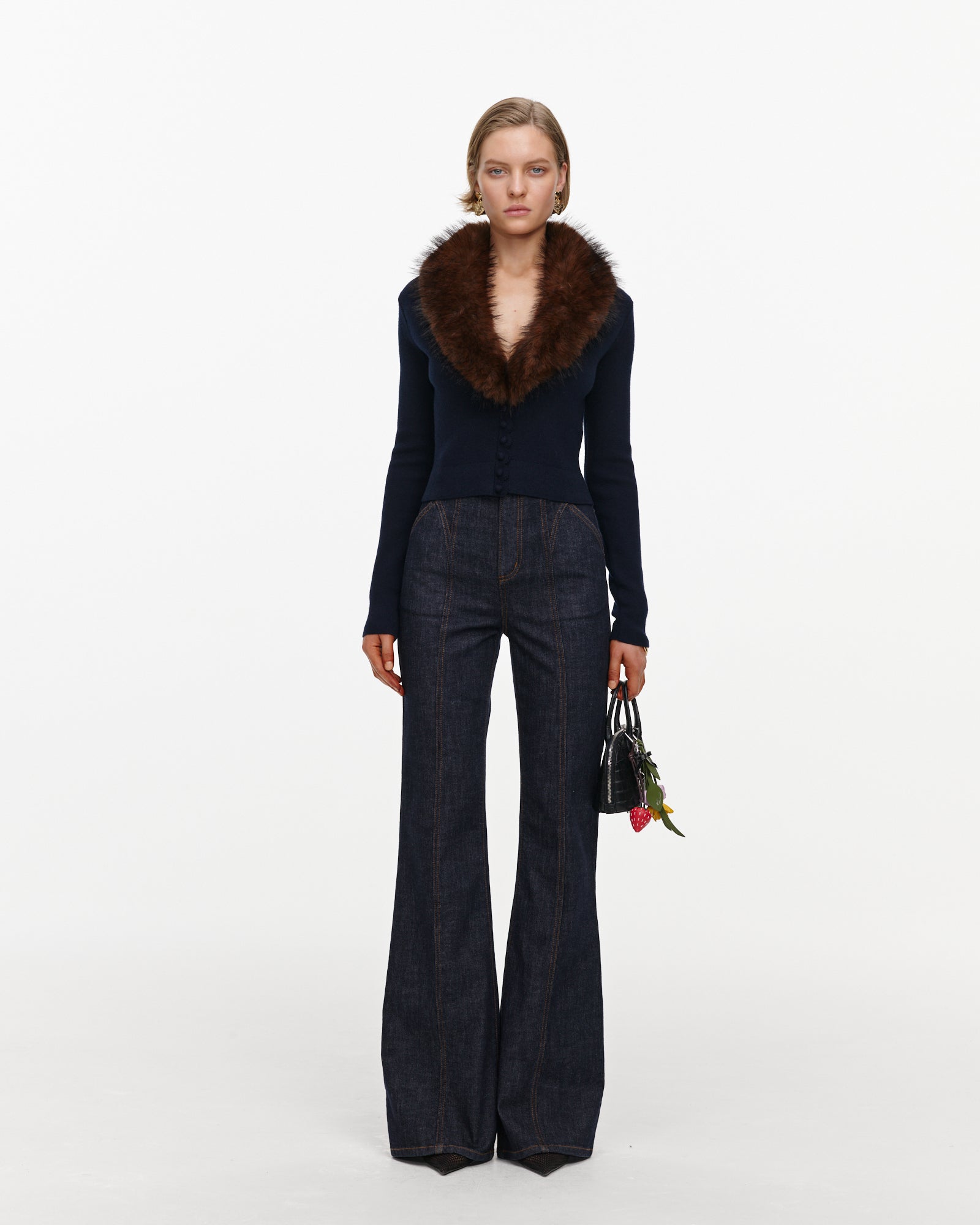 Navy Faux Fur Knit Cardigan