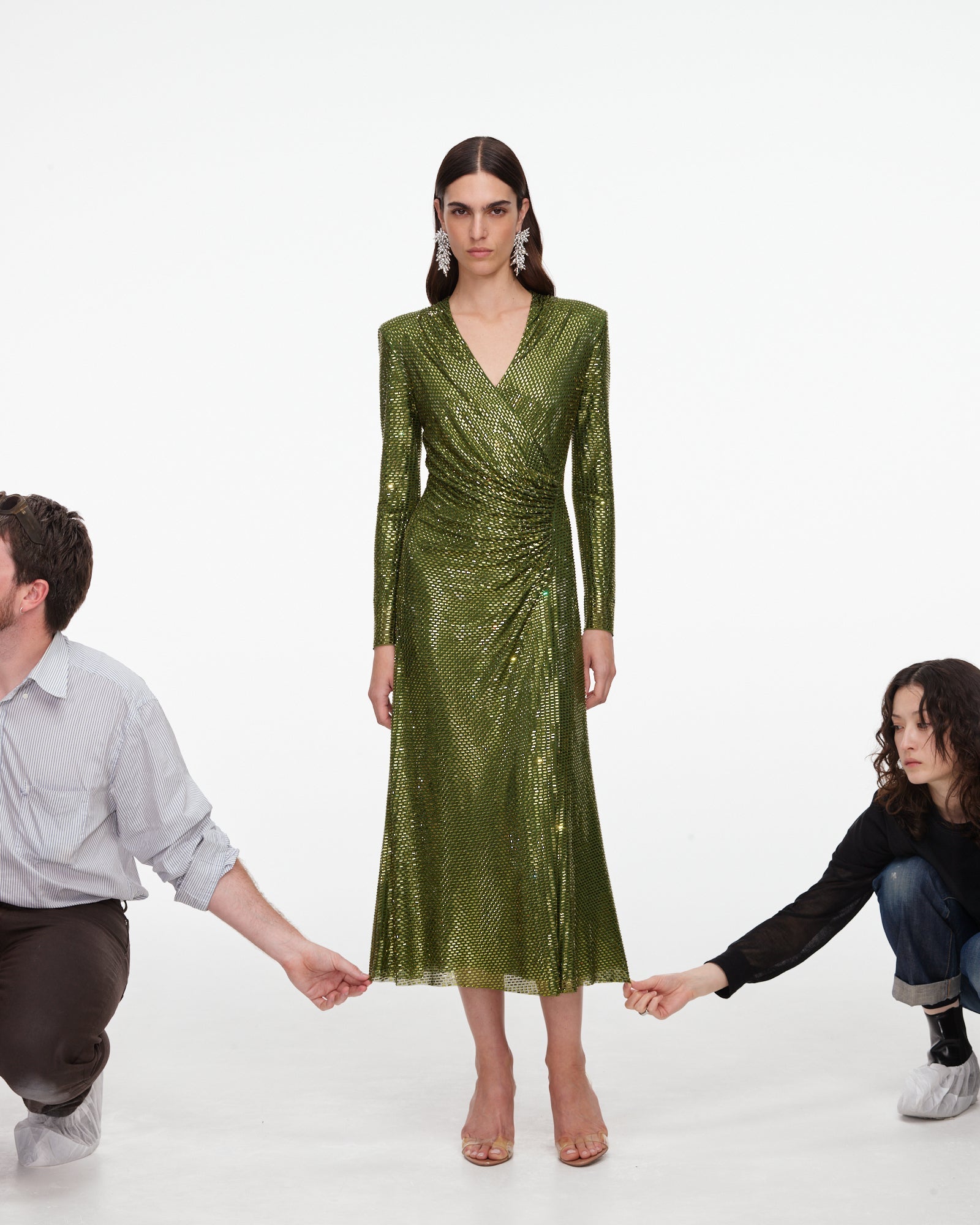 Olive Rhinestone Mesh Wrap Midi Dress