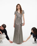 Grey Rhinestone Mesh Wrap Maxi Dress