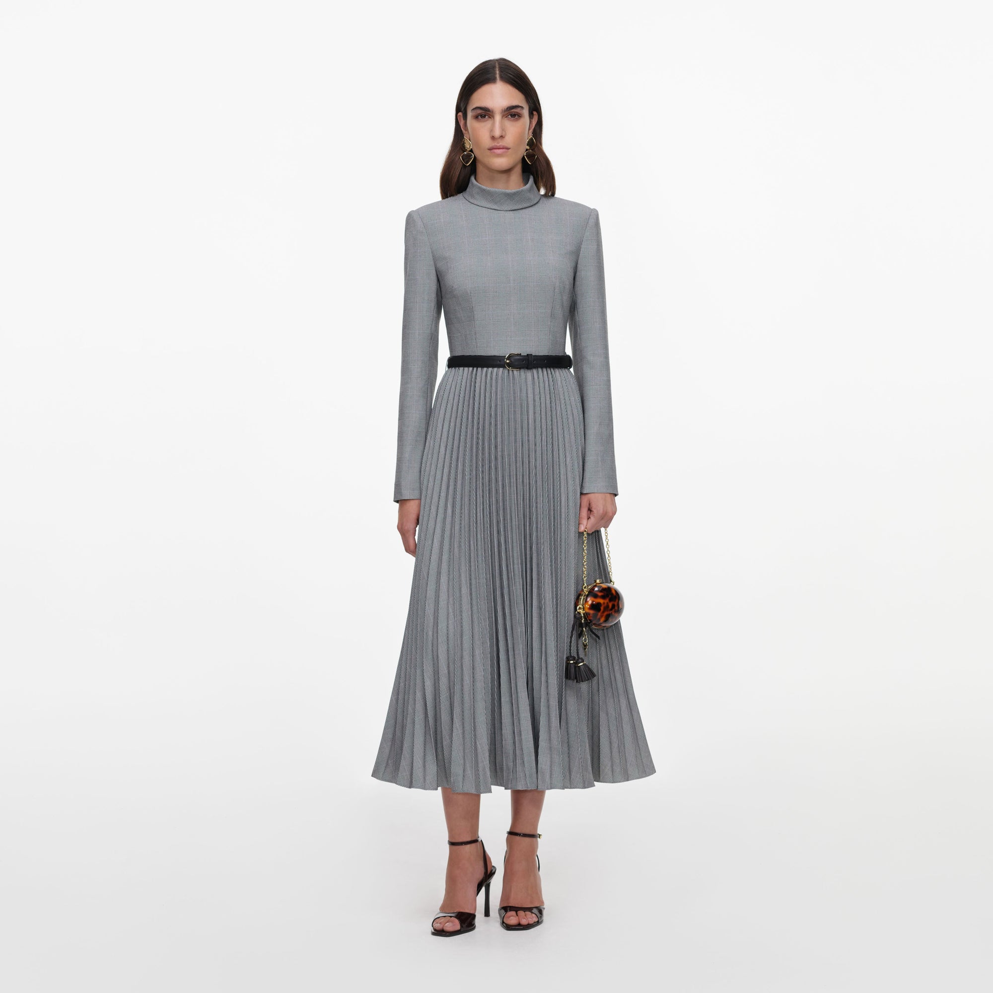 Grey Check Pleated Midi Dress