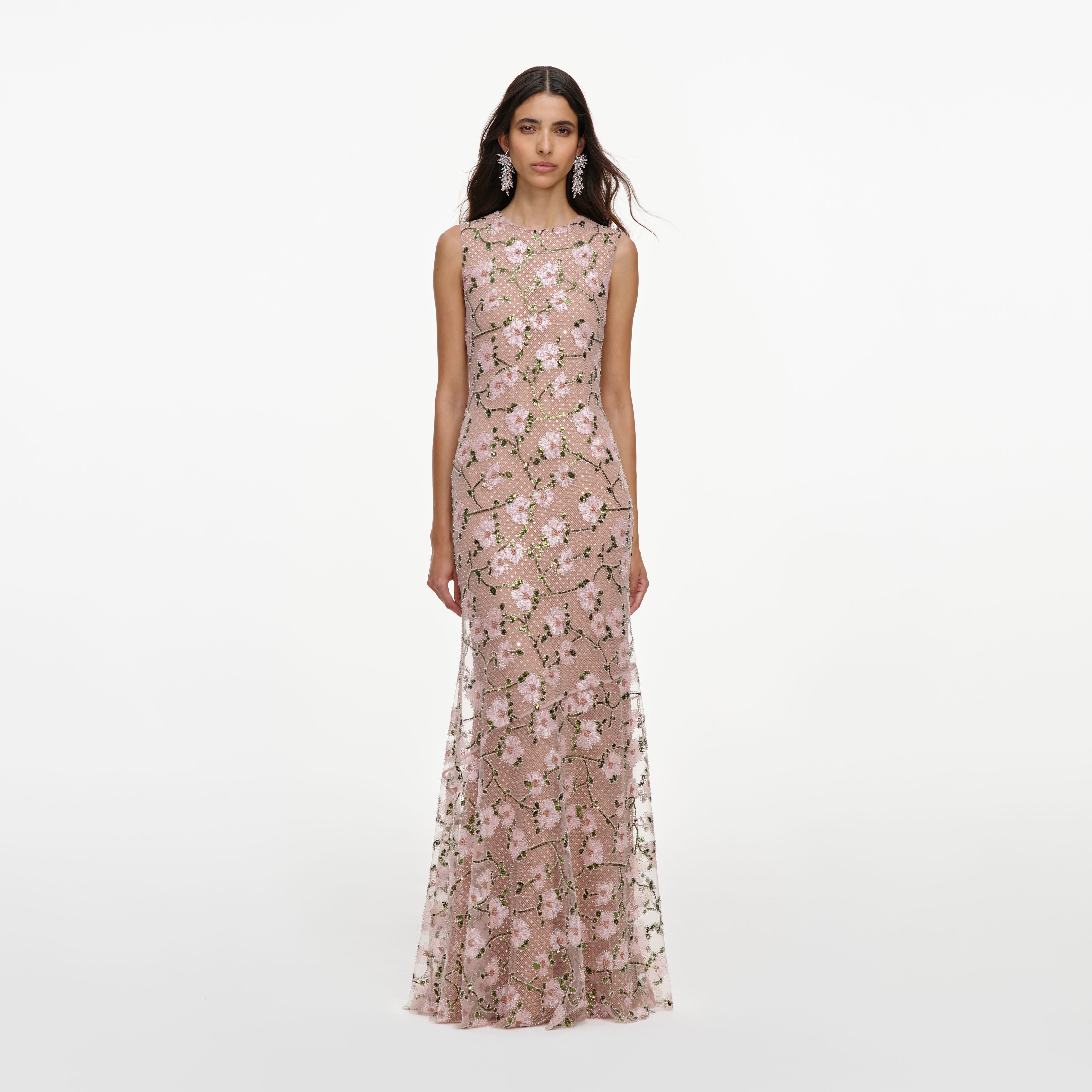 Pink Rhinestone Sequin Mesh Maxi Dress