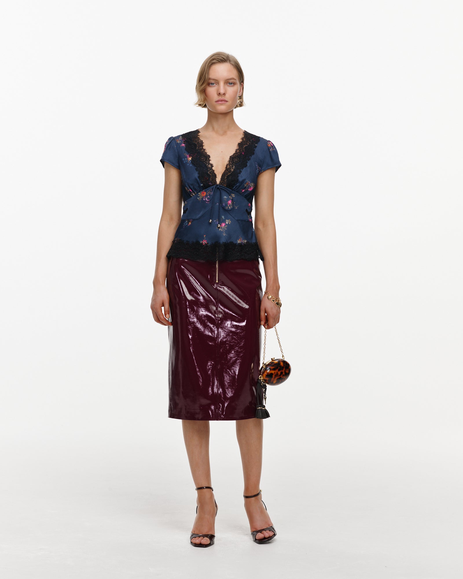 Navy Satin Printed Lace Top