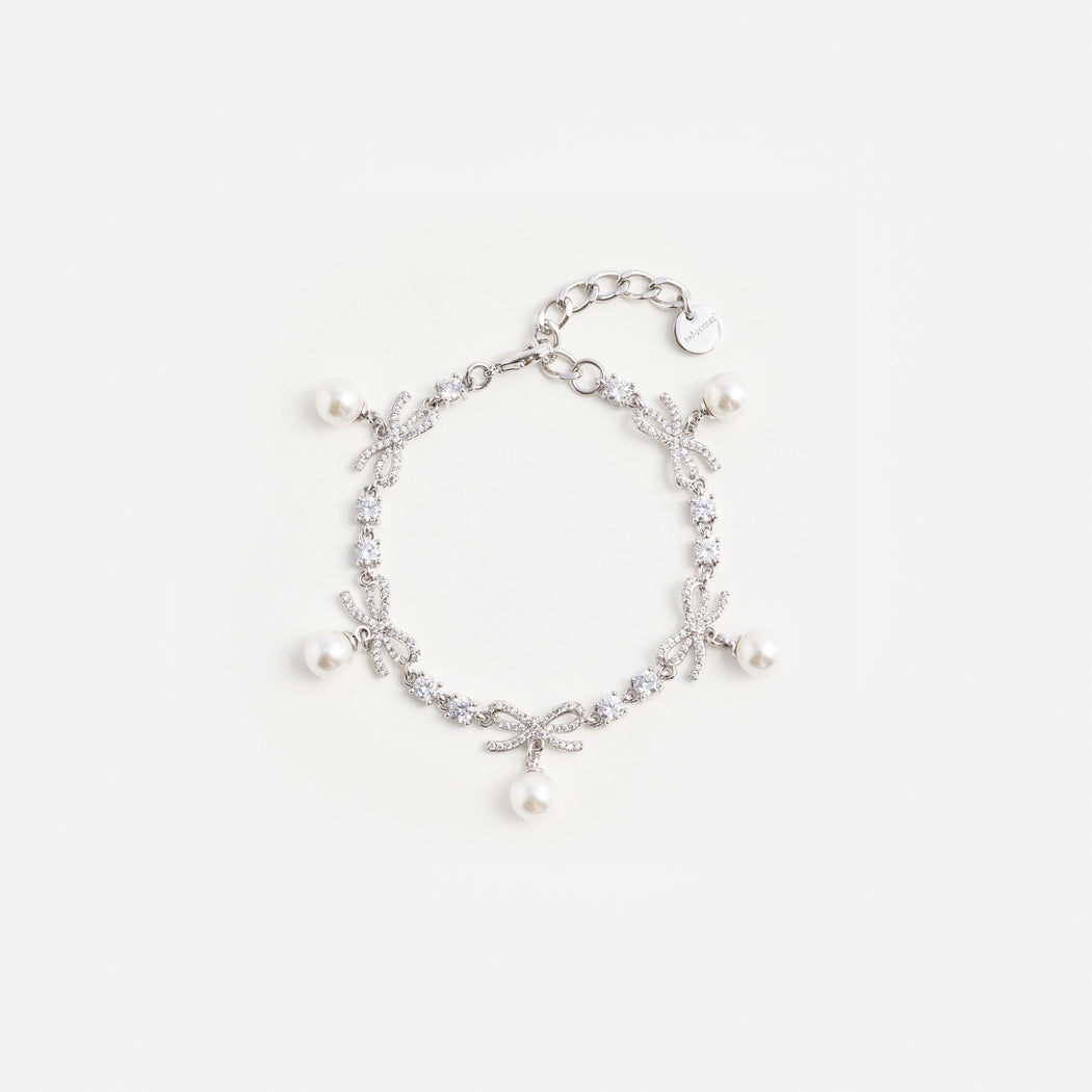 Crystal Bow Pearl Charm Bracelet