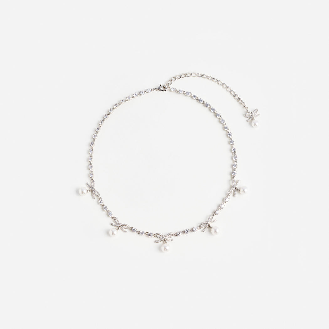 Crystal Bow Pearl Charm Necklace
