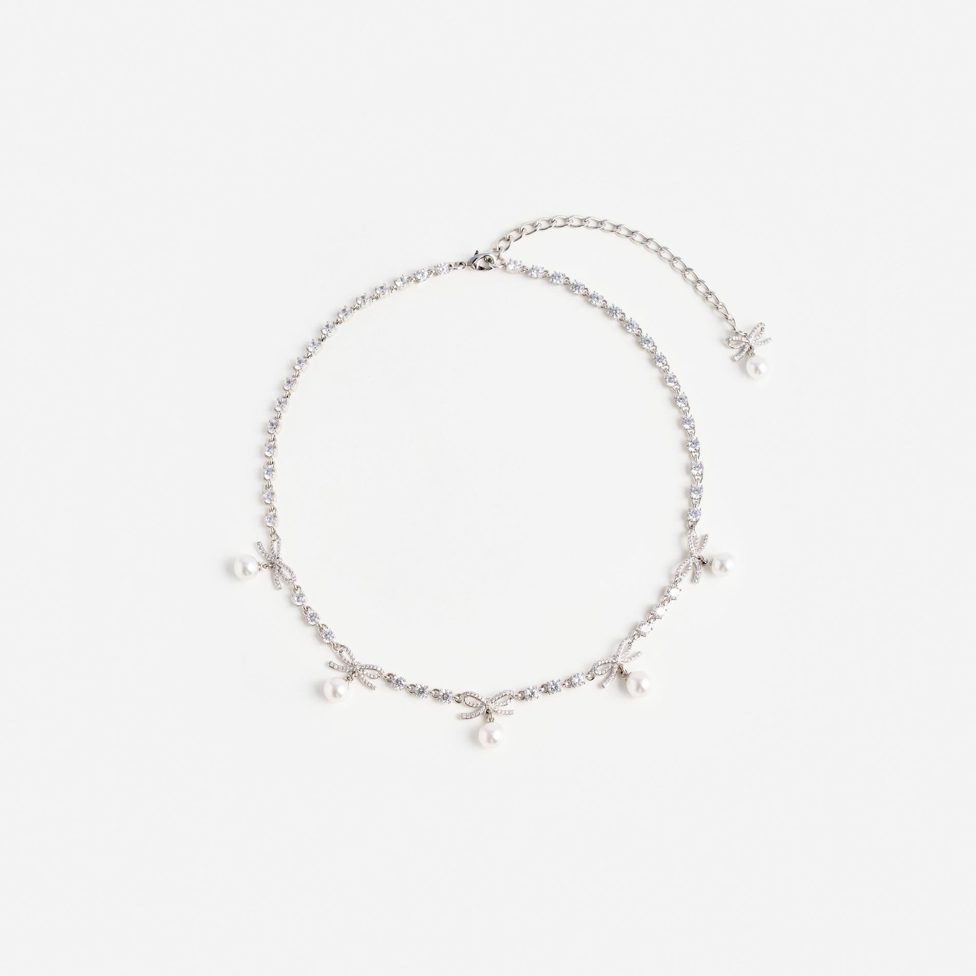 Crystal Bow Pearl Charm Necklace