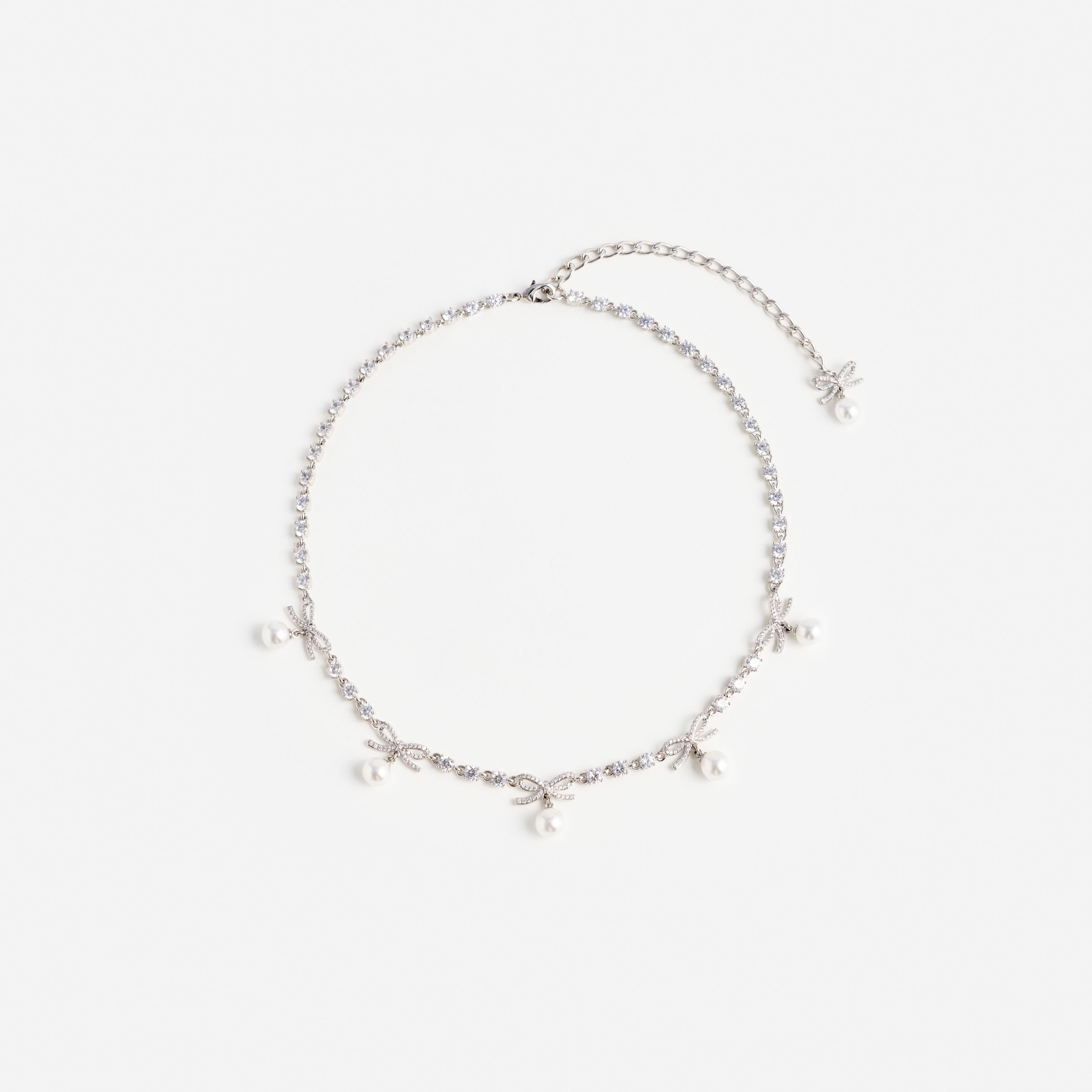 Crystal Bow Pearl Charm Necklace