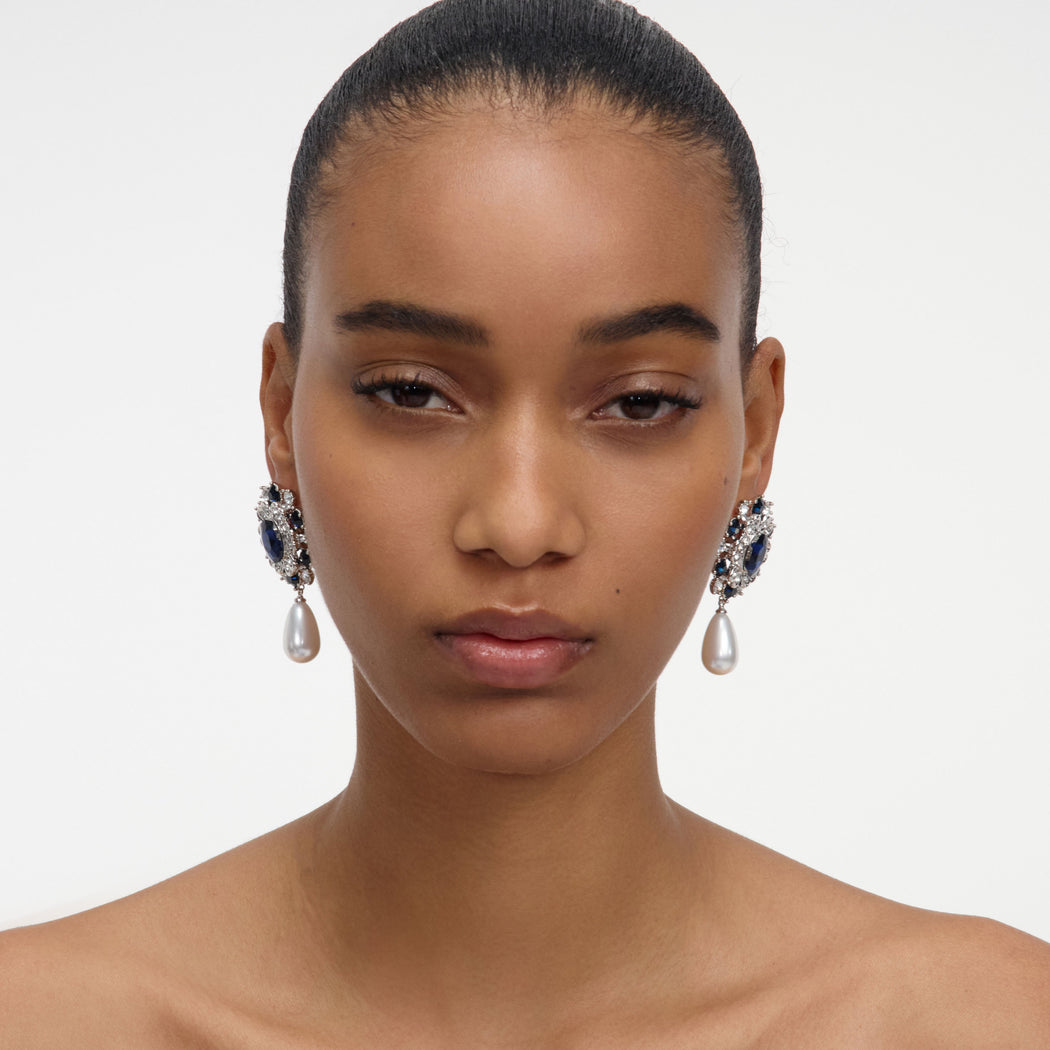 Blue Crystal Pearl Droplet Earring