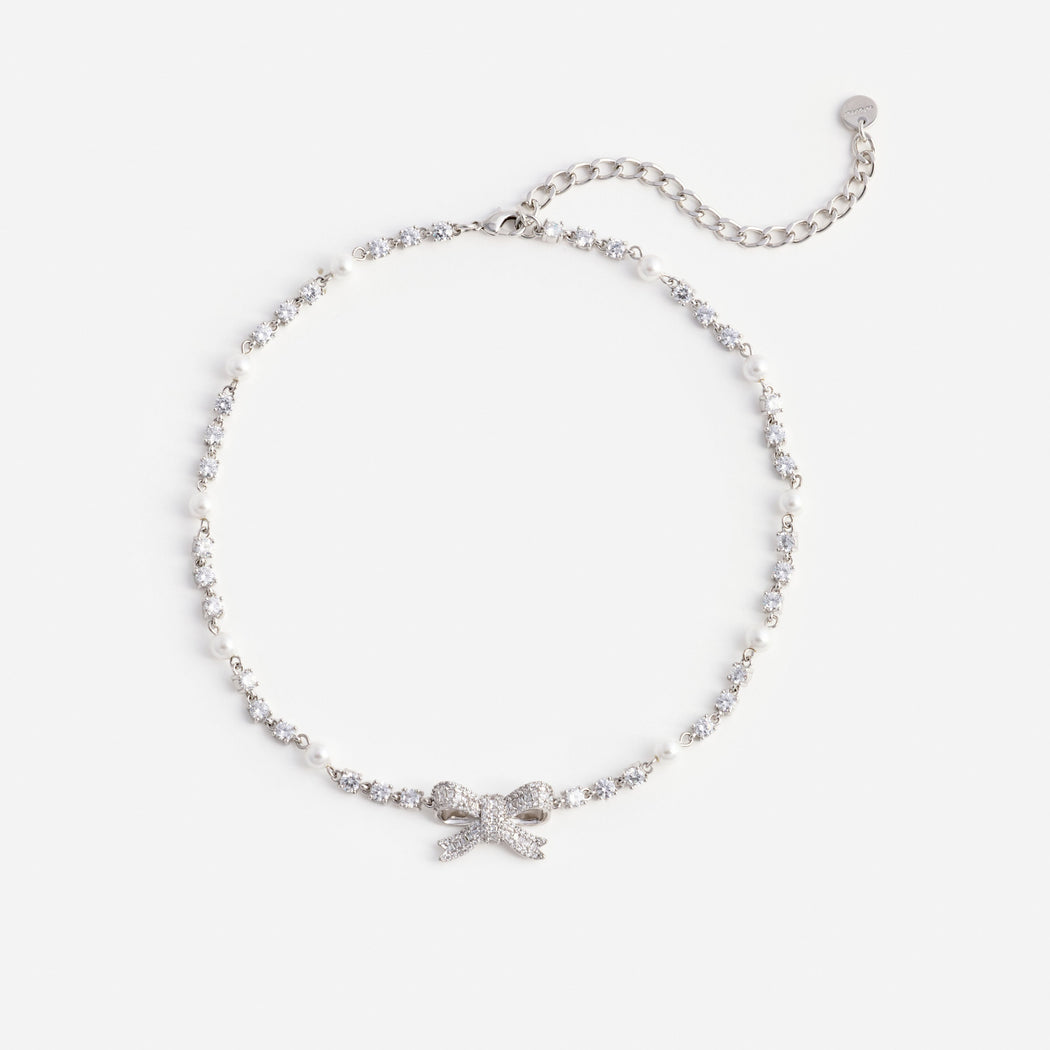 Crystal Pearl Bow Necklace