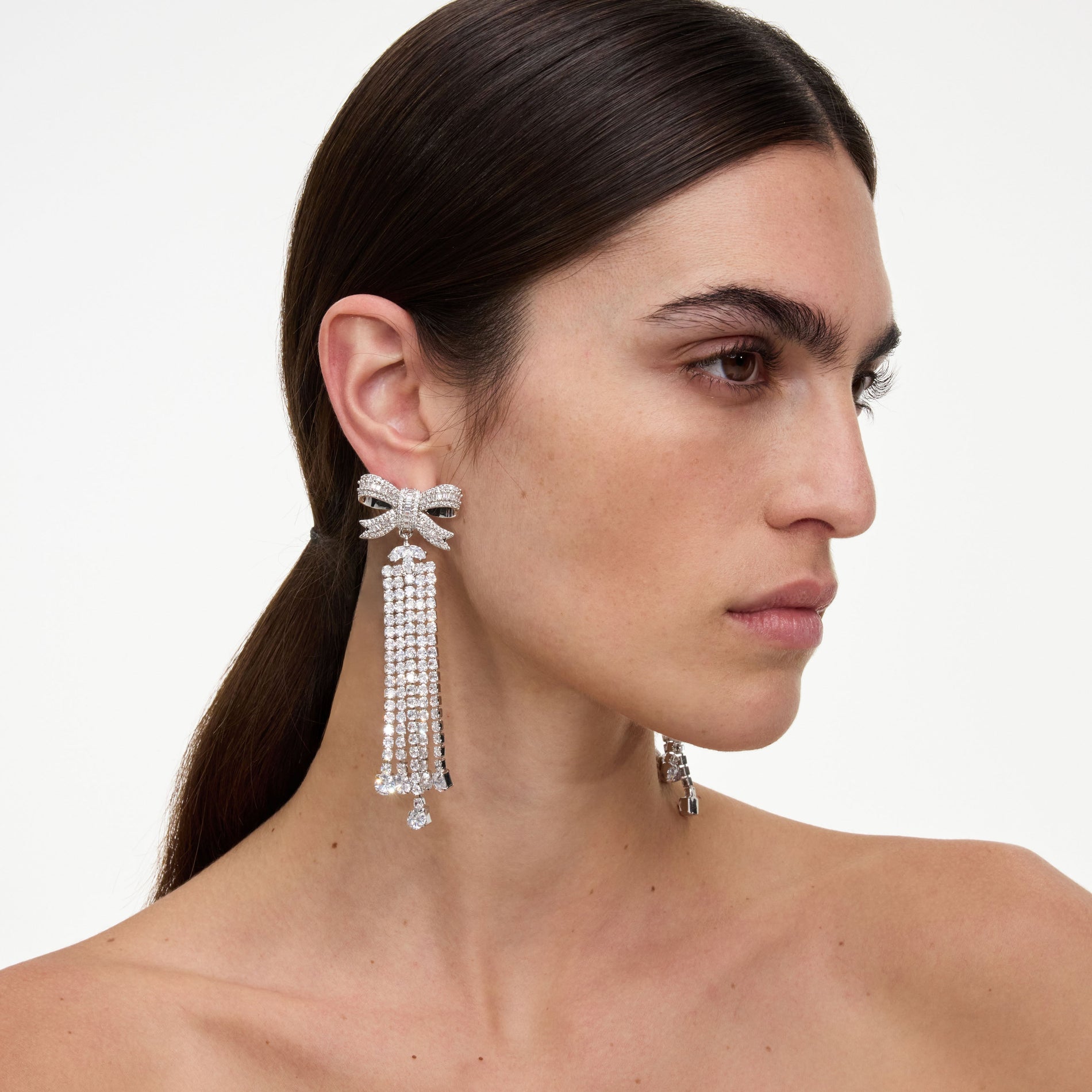 Silver Crystal Bow Droplet Earrings