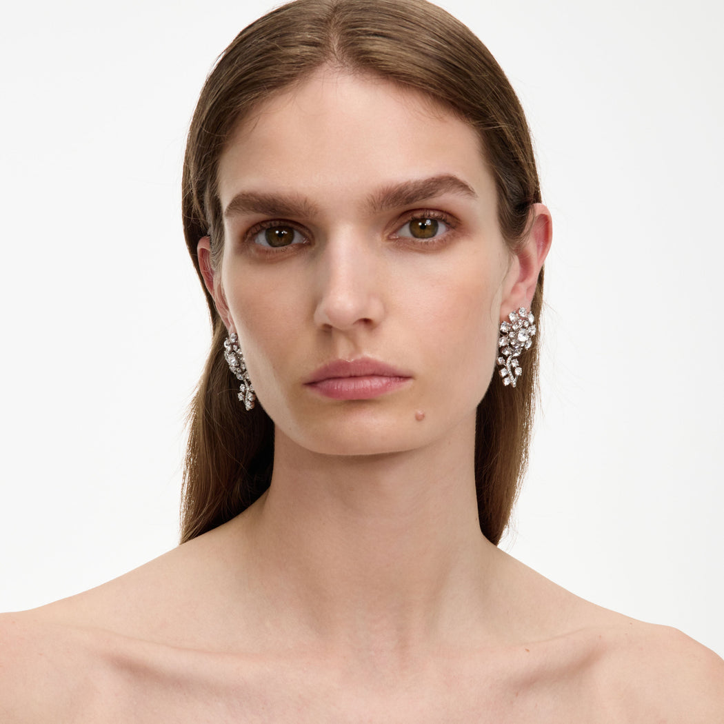 Small Silver Flower Crystal Earrings