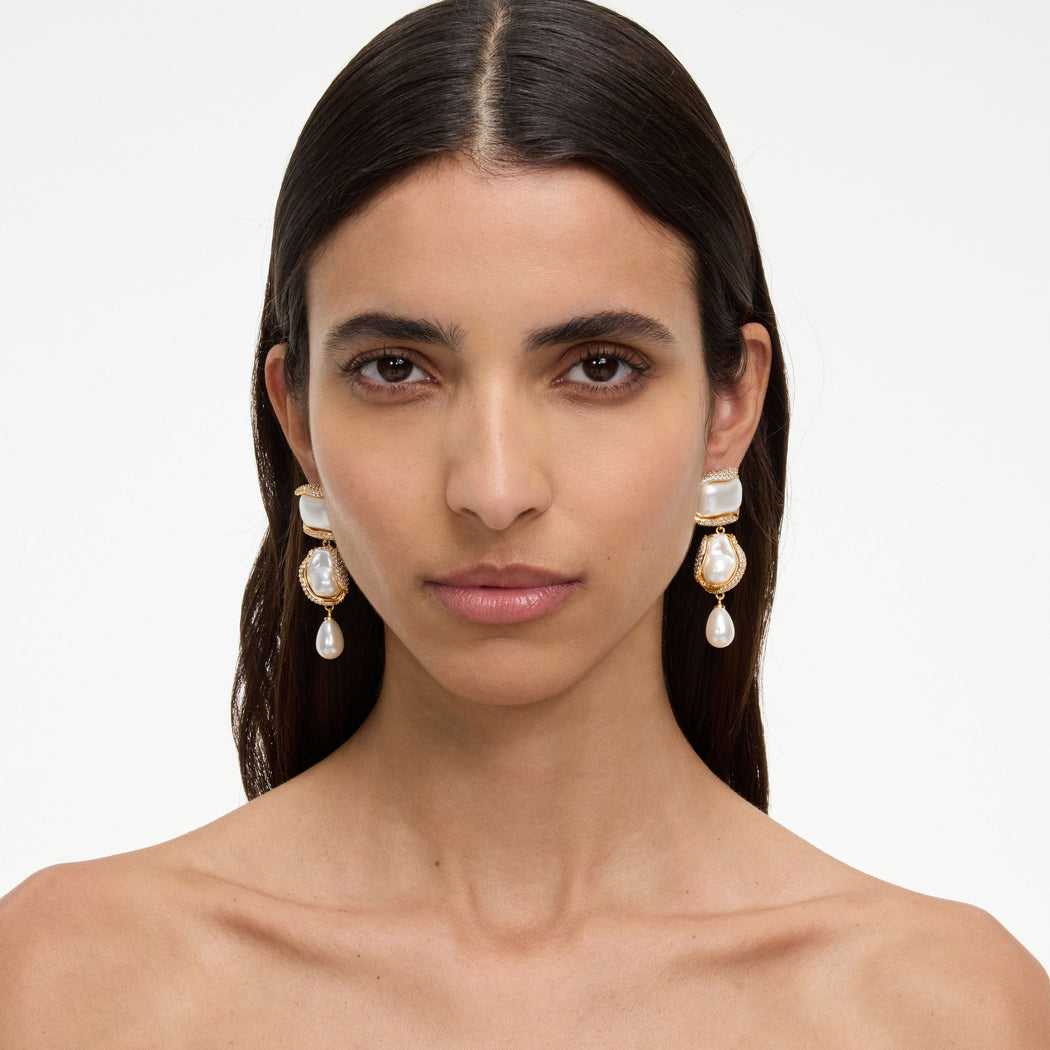 Gold Crystal Pearl Tiered Earring