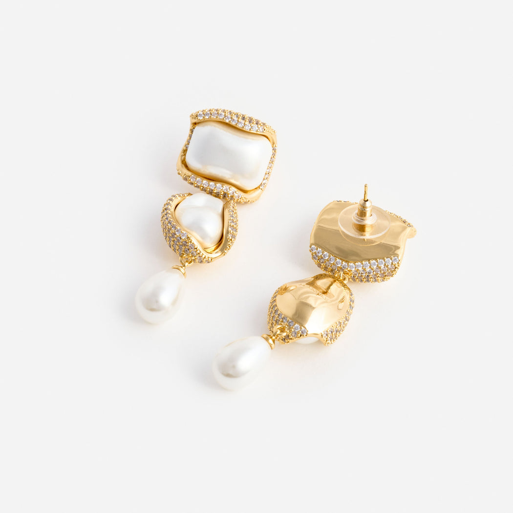 Gold Crystal Pearl Tiered Earring