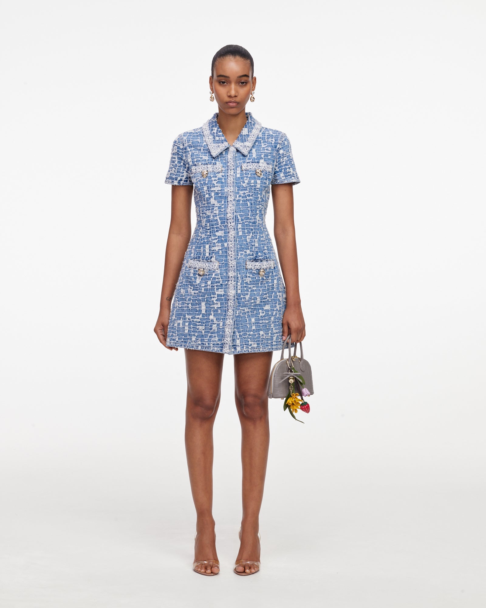 Blue Collared Textured Denim Mini Dress