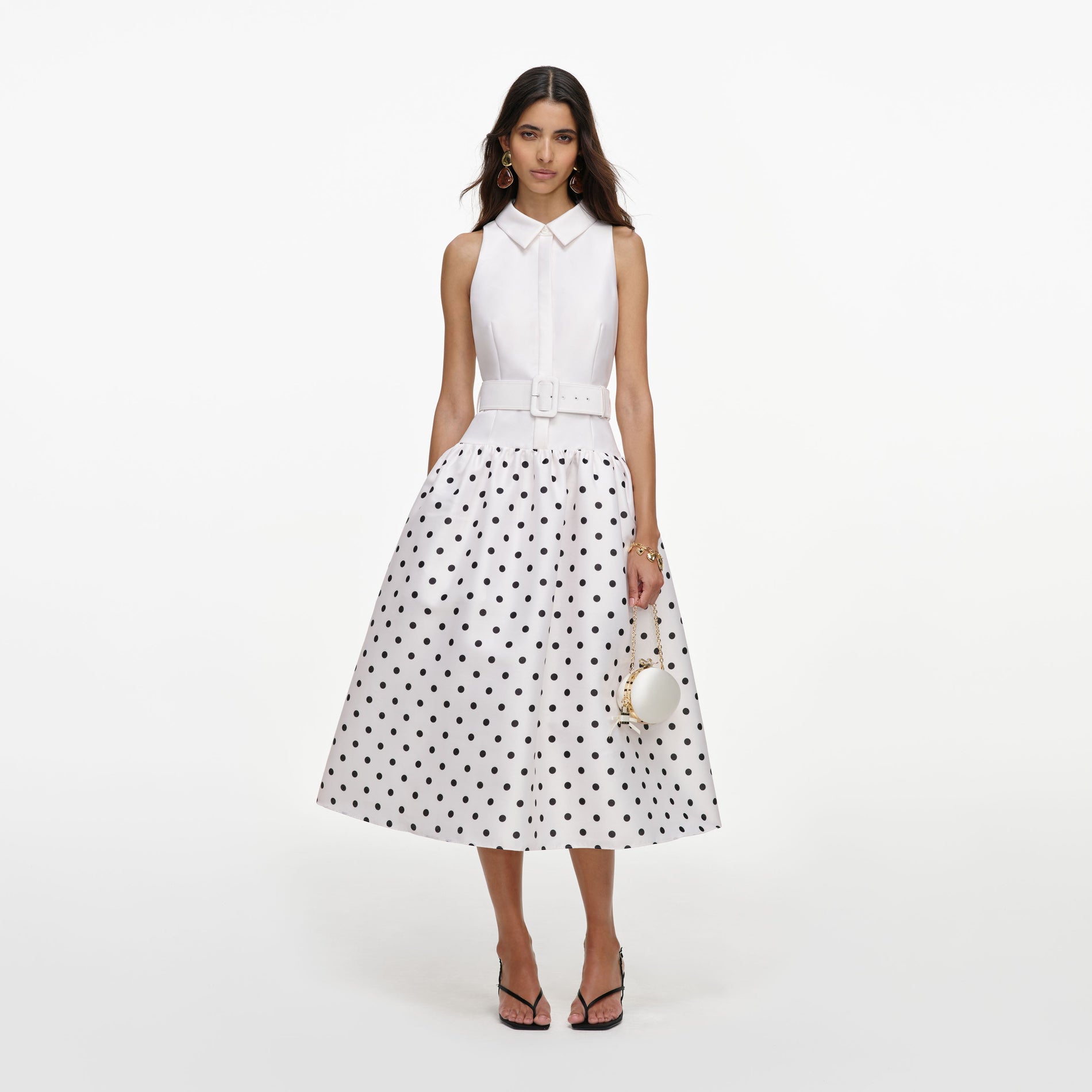 Off White Sleeveless Polka Dot Midi Dress