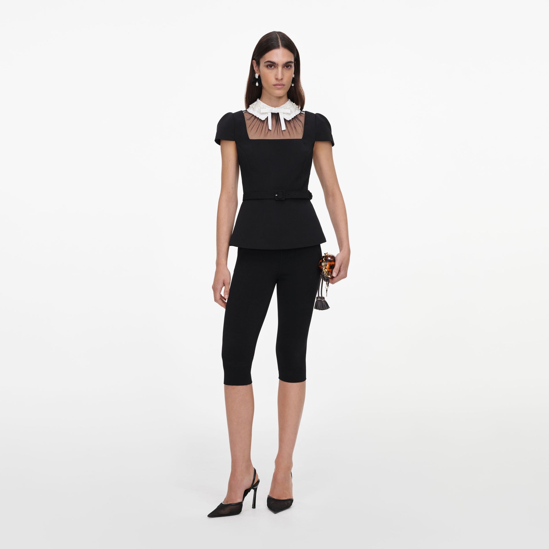 Black Crepe Bow Collar Top