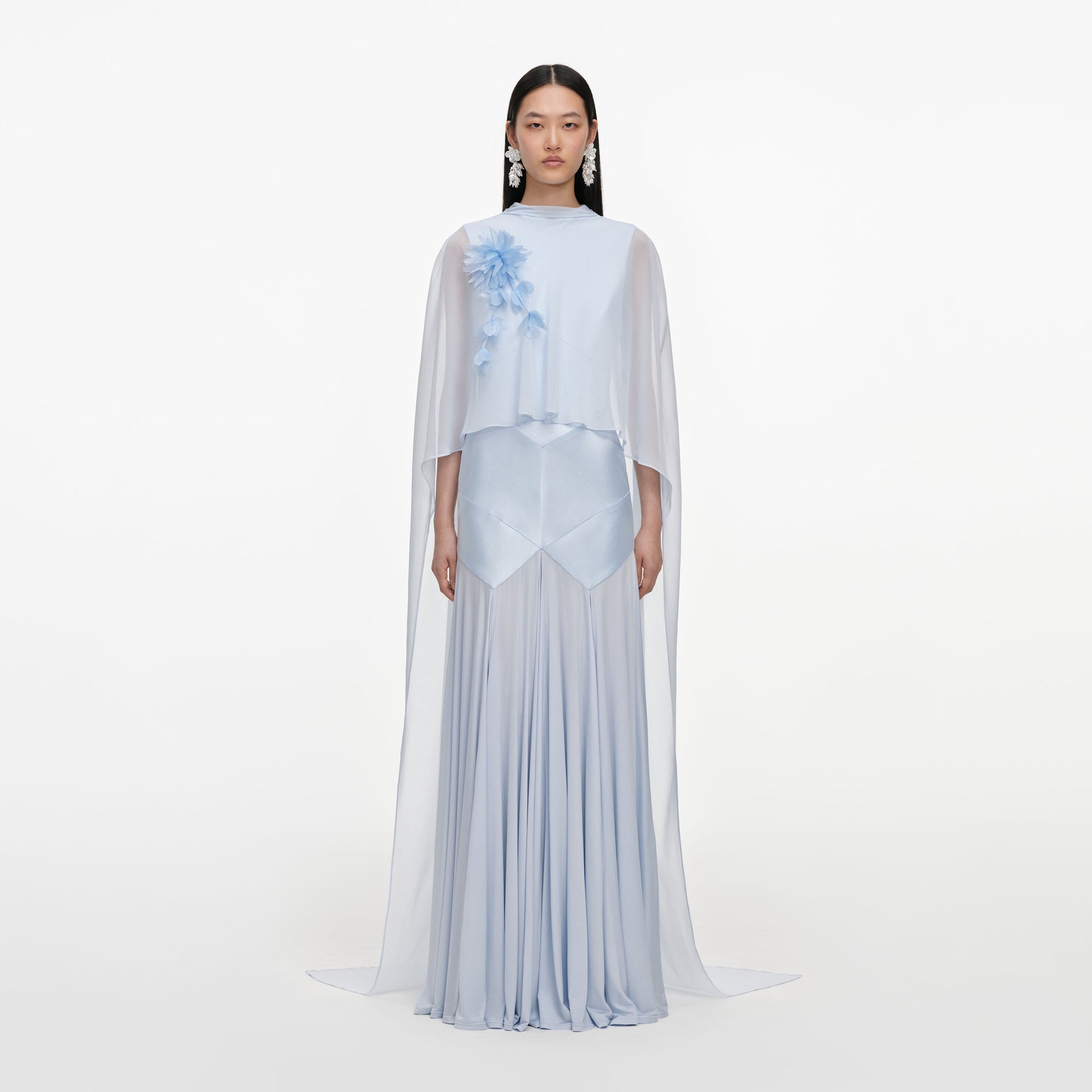 Blue Satin Jersey Cape Maxi Dress
