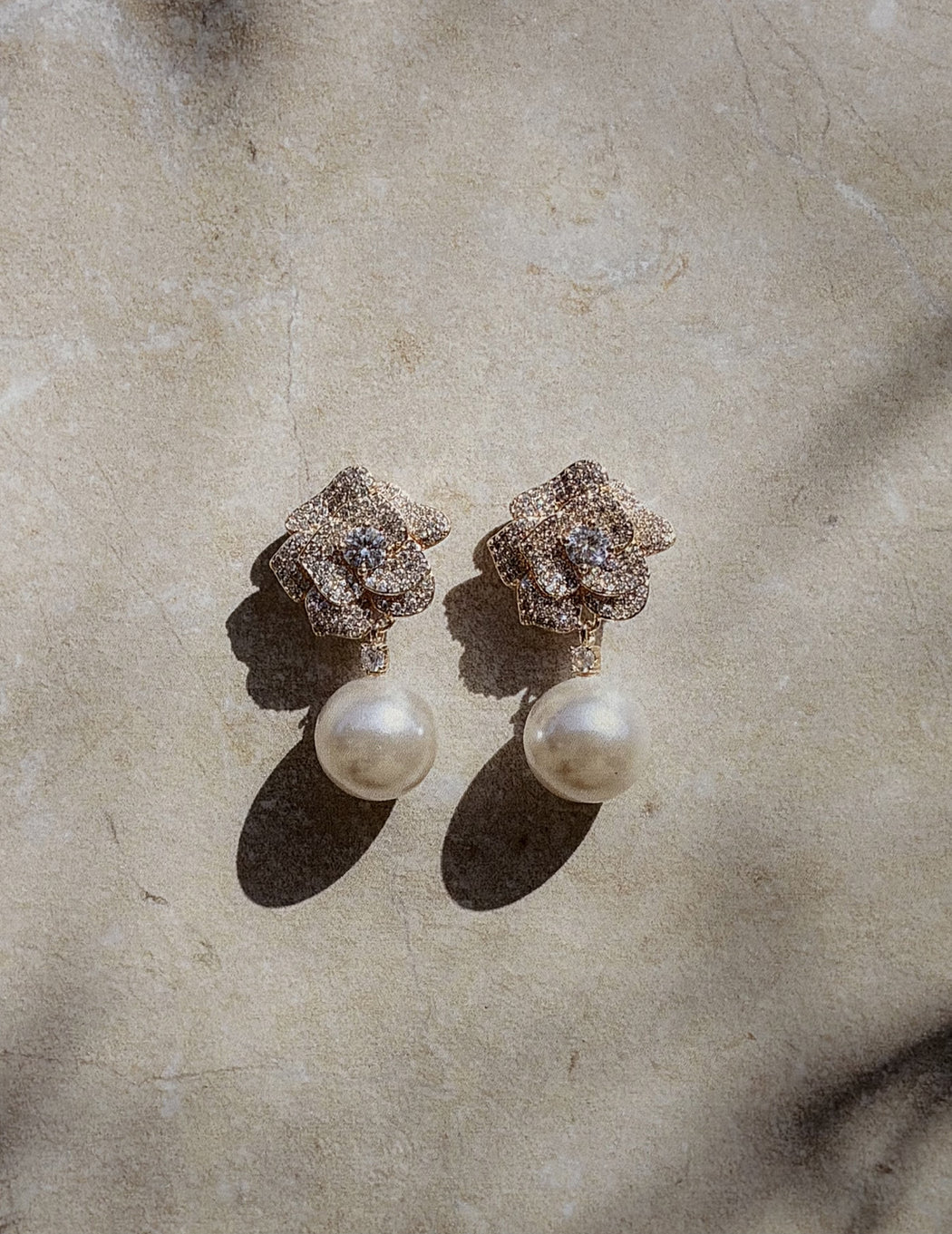 Mini Gold Crystal Flower Pearl Earrings