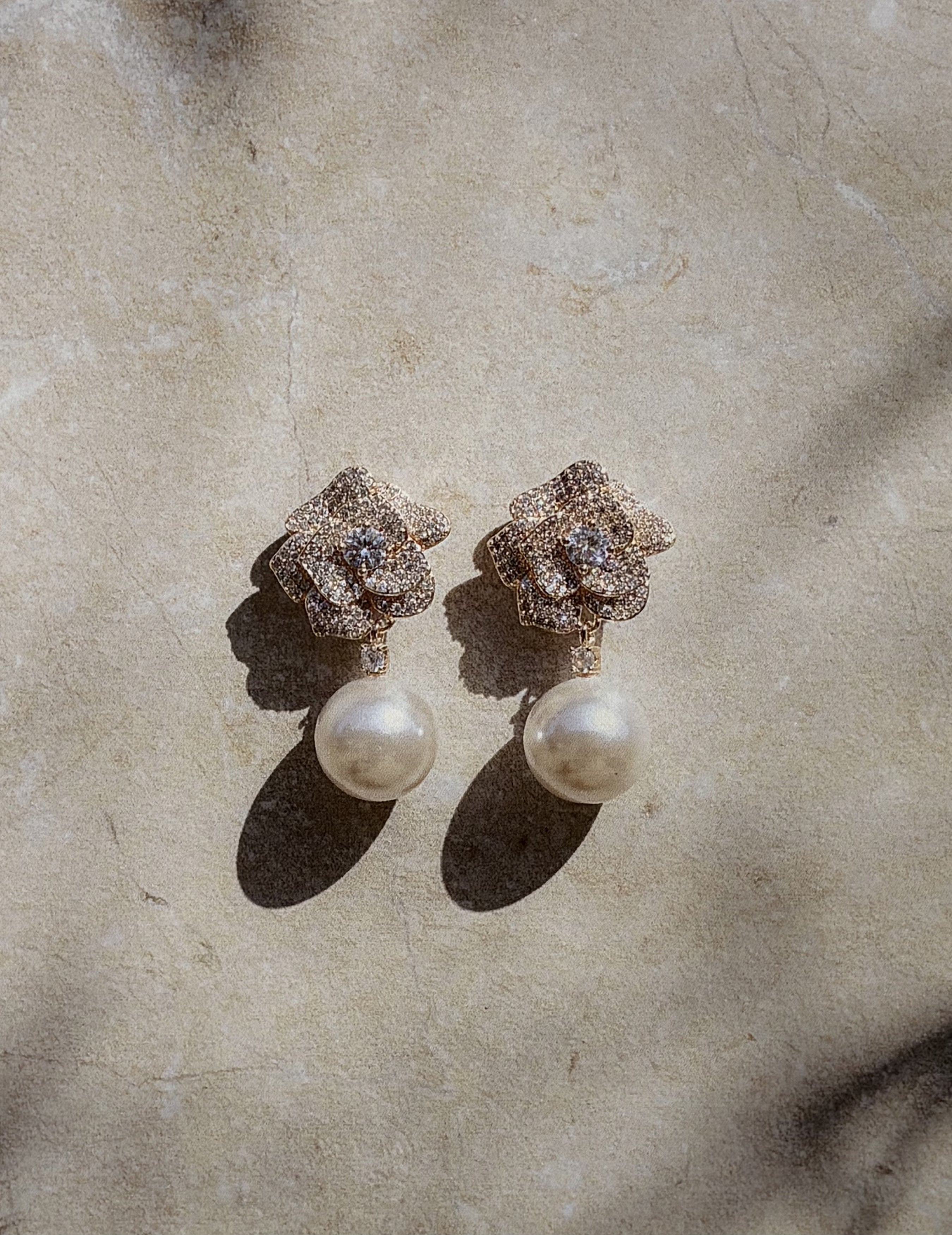 Mini Gold Crystal Flower Pearl Earrings