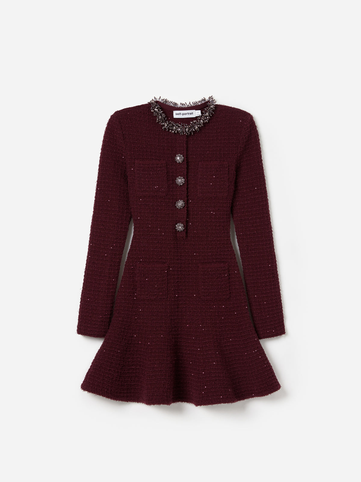 Burgundy Textured Knit Embellished Mini Dress