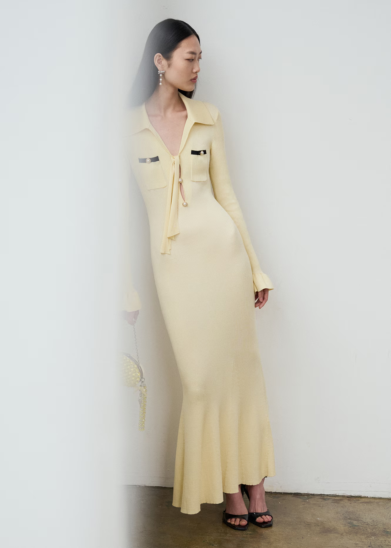 Yellow Viscose Knit Tie Midi Dress