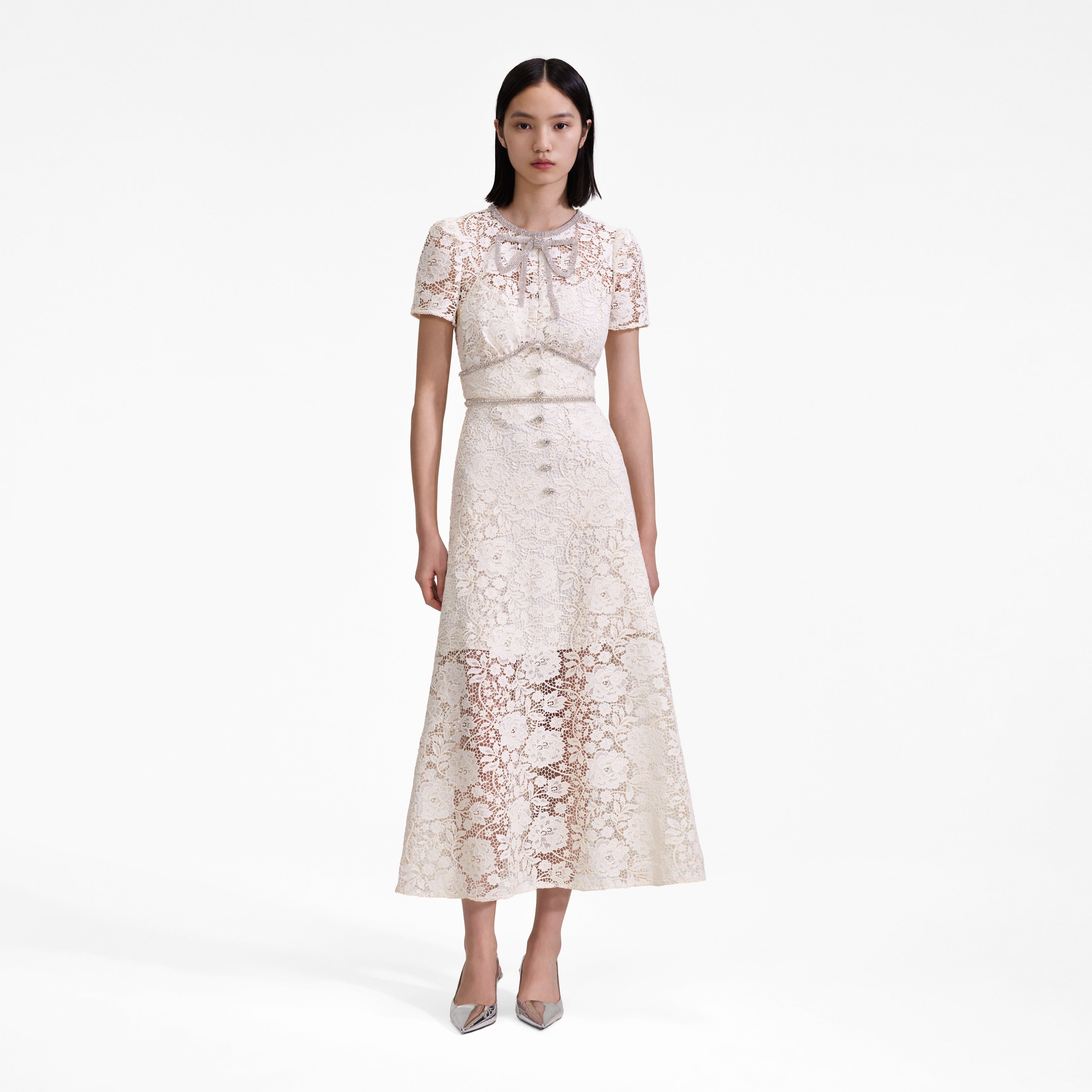 Cream Cord Lace Bow Midi Dress