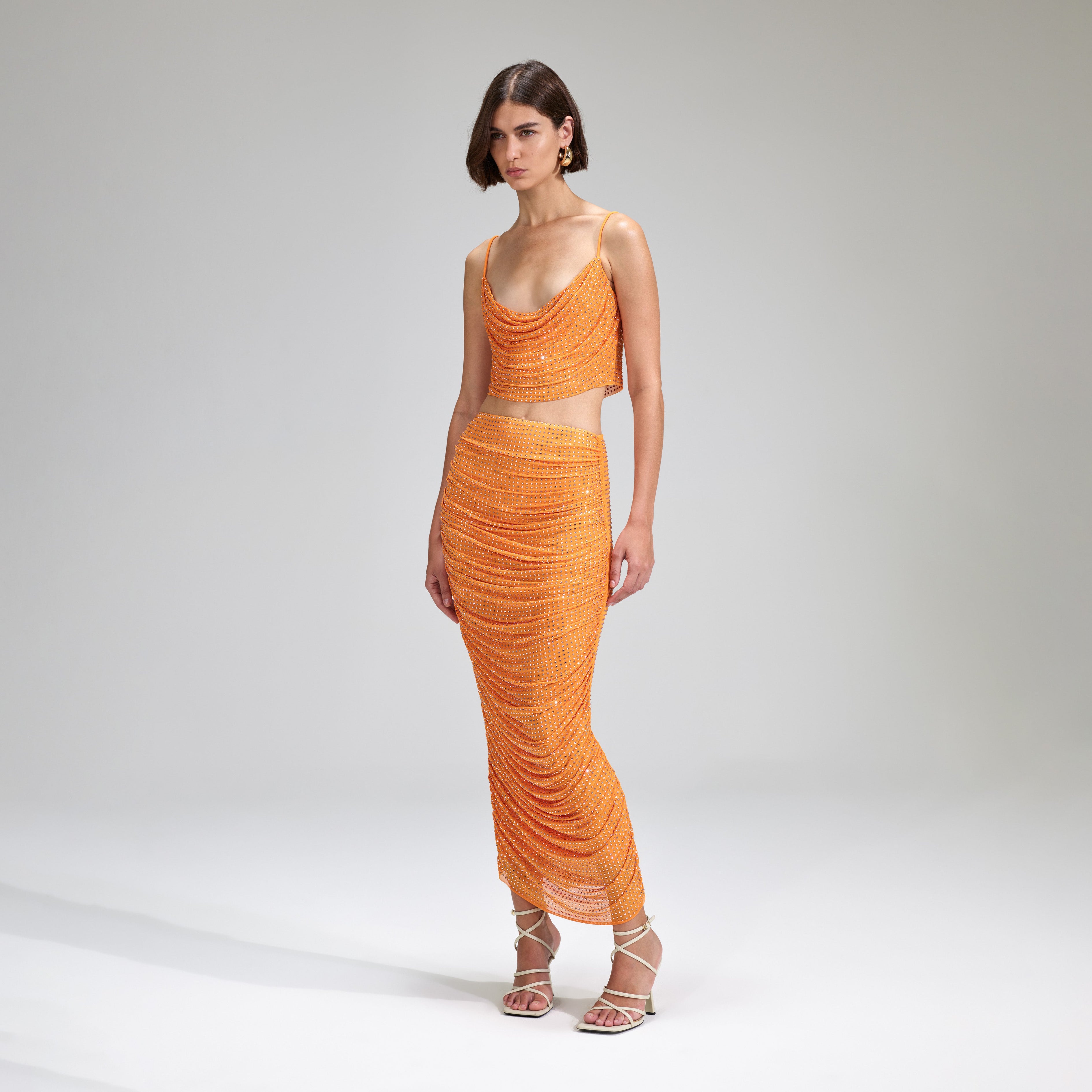 Orange Rhinestone Mesh Top