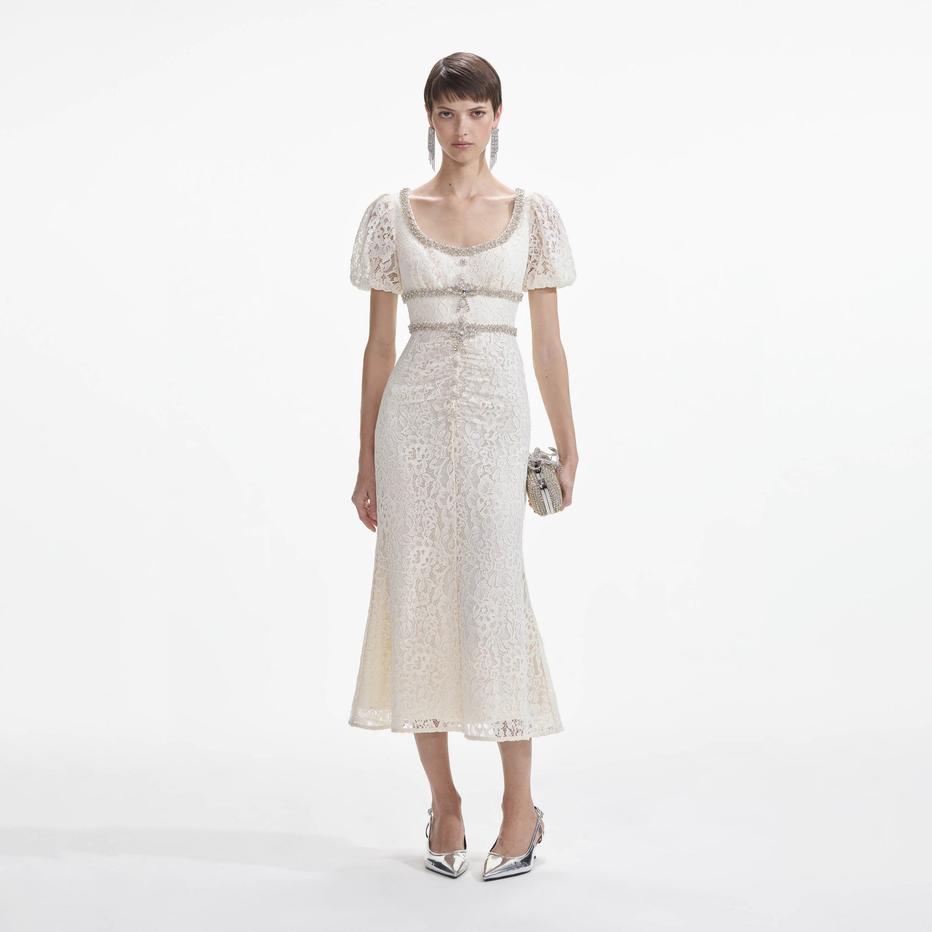Front view of a woman wearing the Cream Lace Diamante Trim Midi Dress