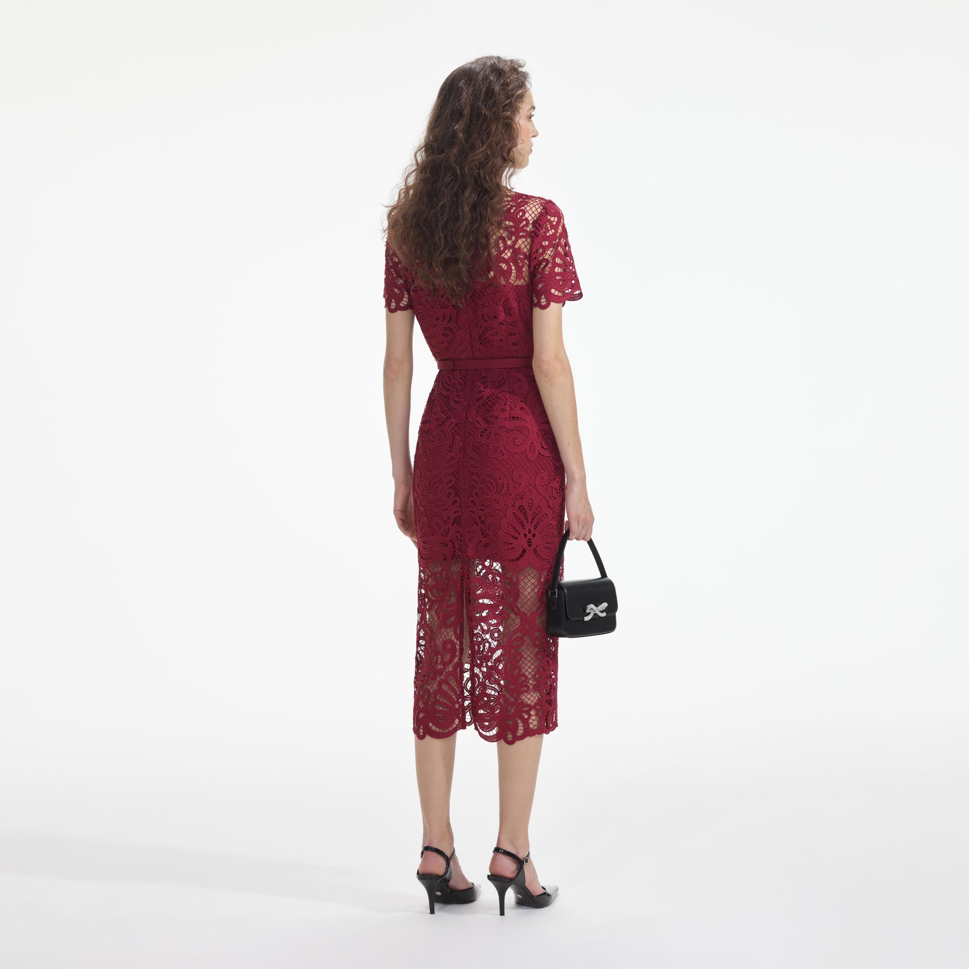 Back view of a woman wearing the Red Guipure Lace Button Midi Dress
