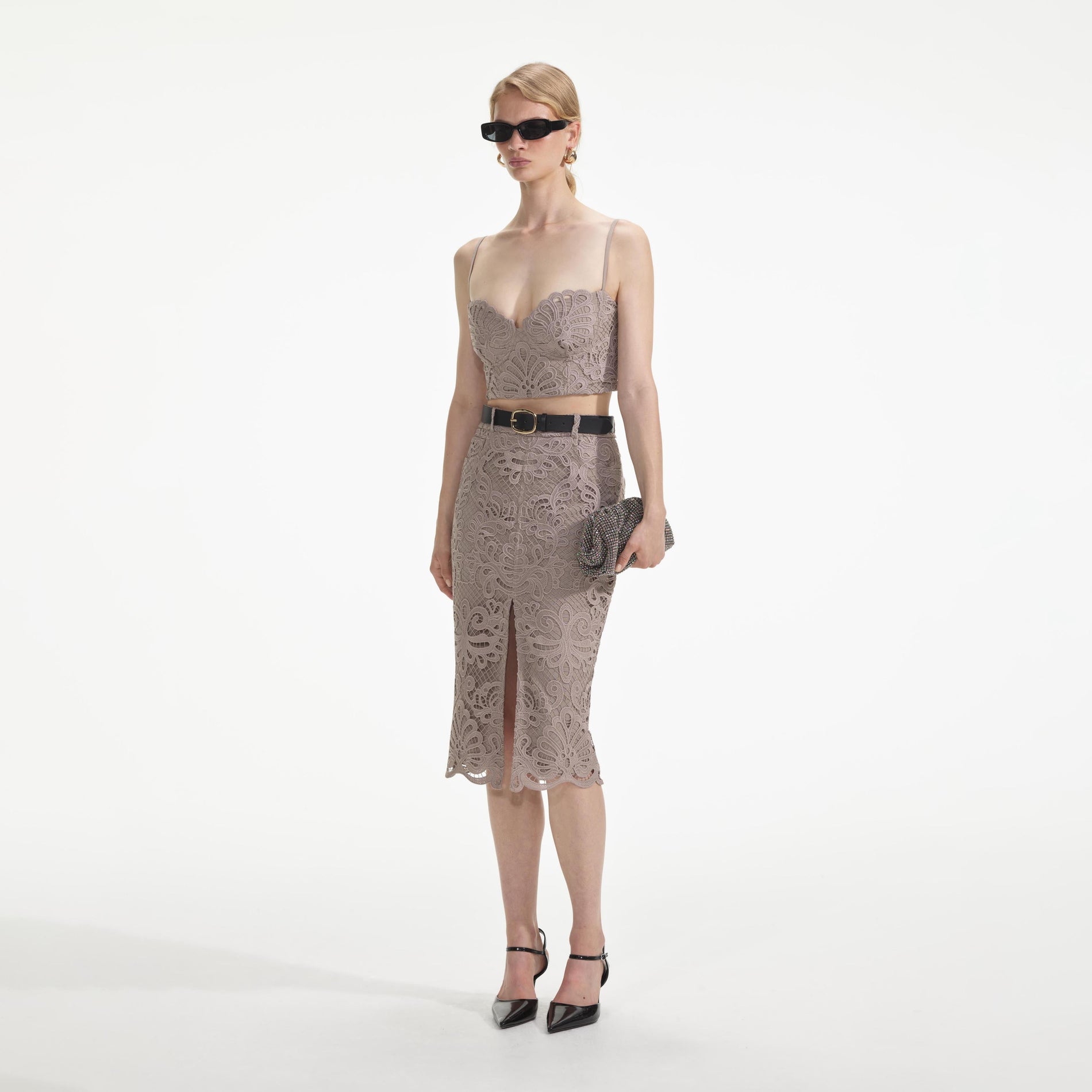Side view of a woman wearing the Guipure Lace Crop Top