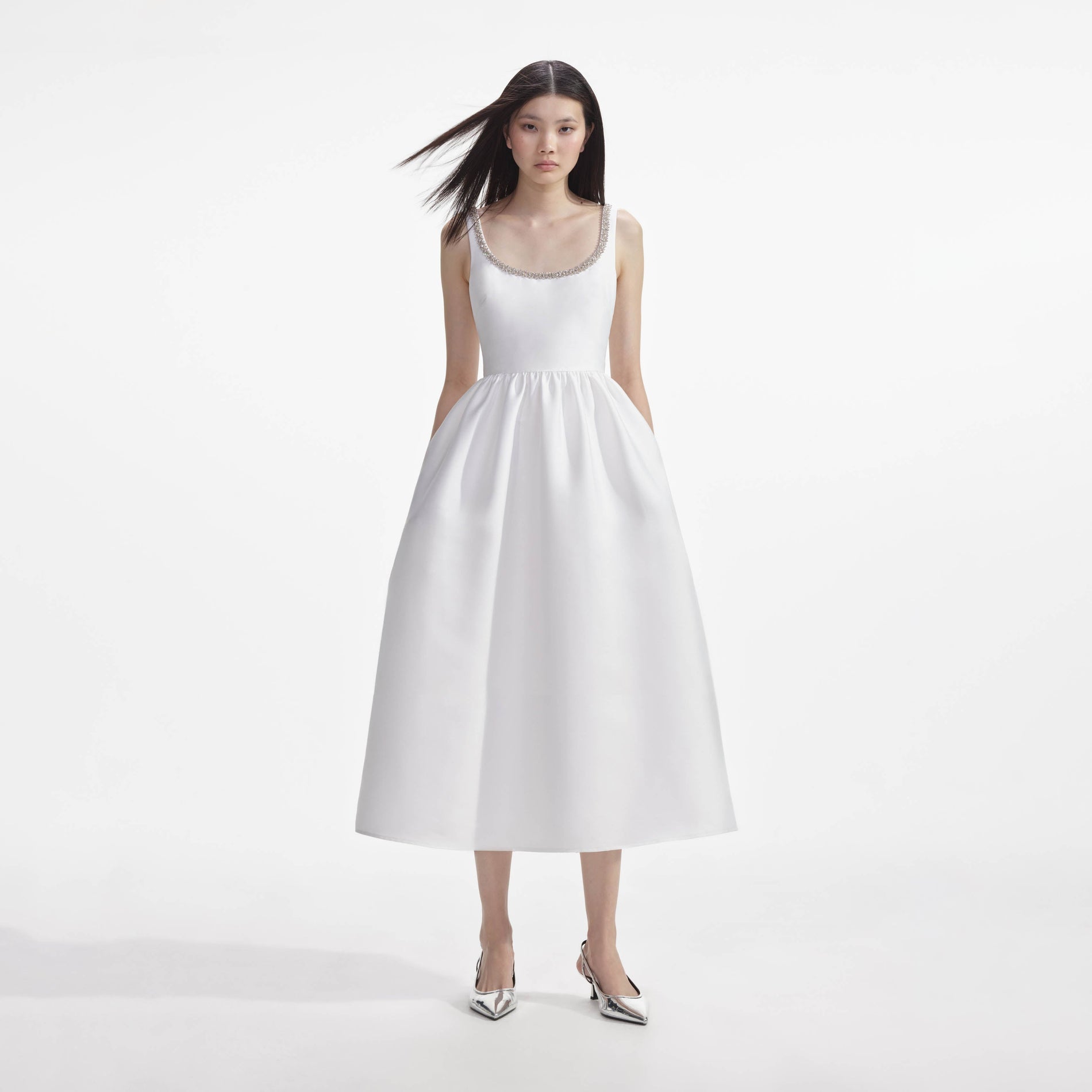 Front view of a woman wearing the White Taffeta Diamante Midi Dress