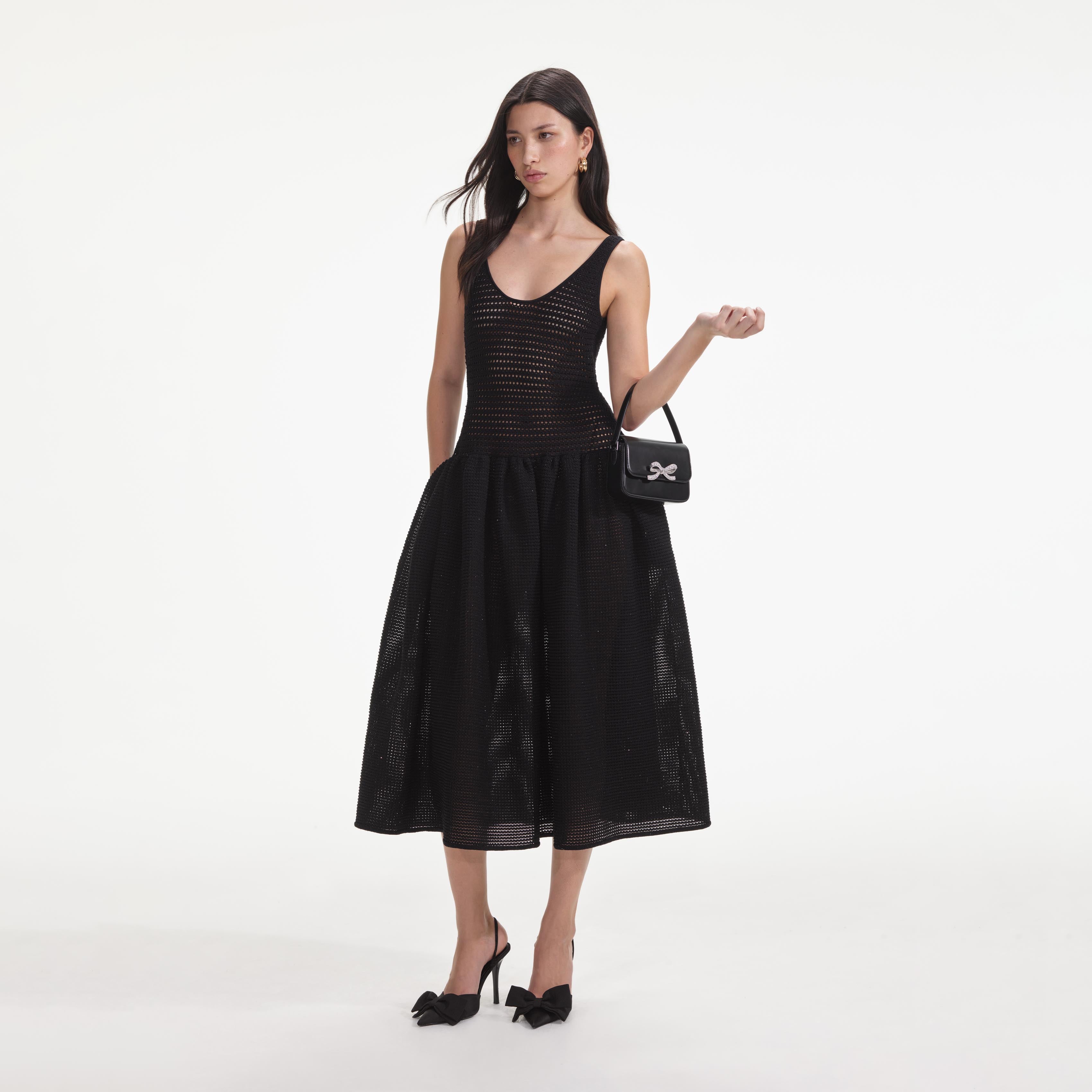 Black Crochet Knit Midi Dress