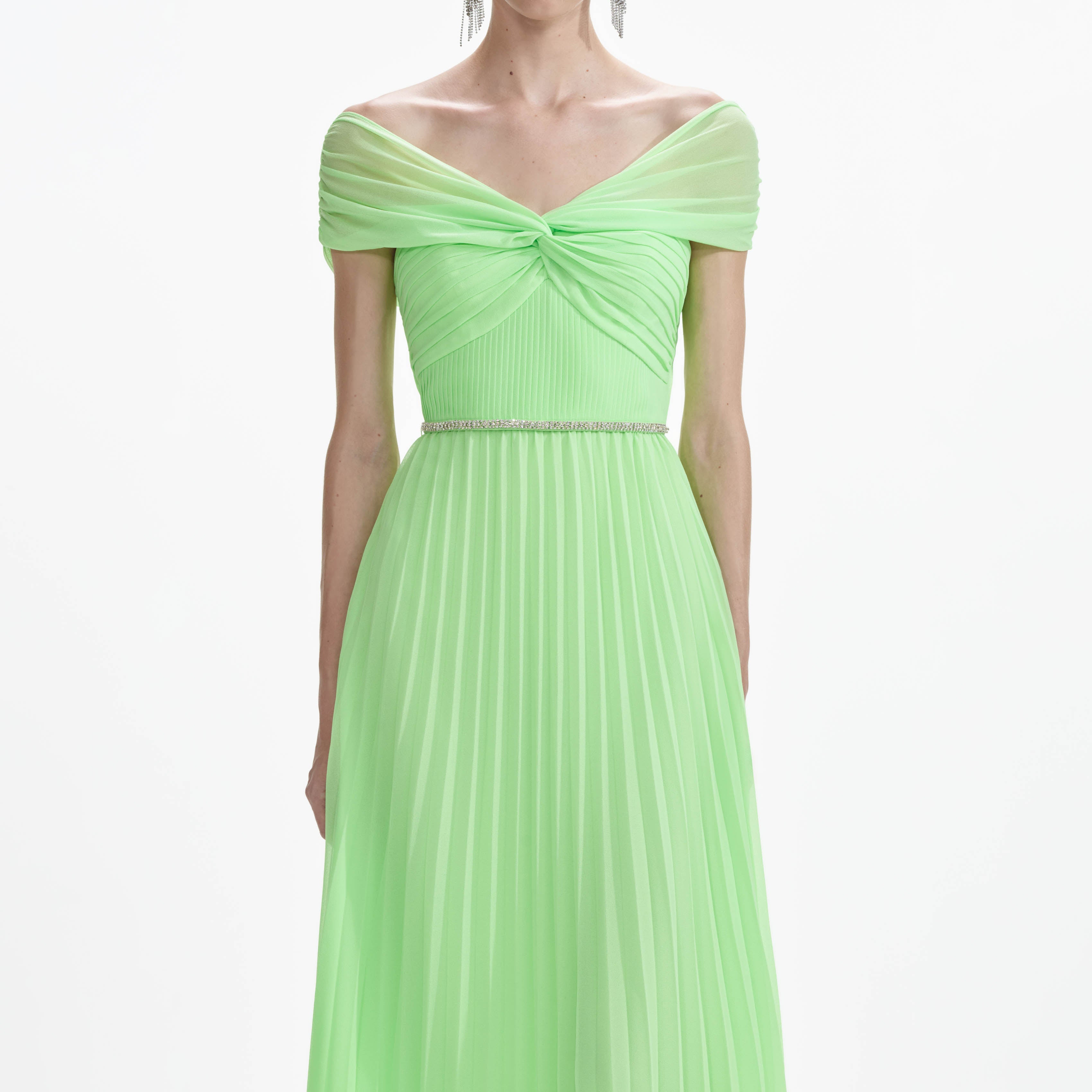 Green Off Shoulder Chiffon Midi Dress