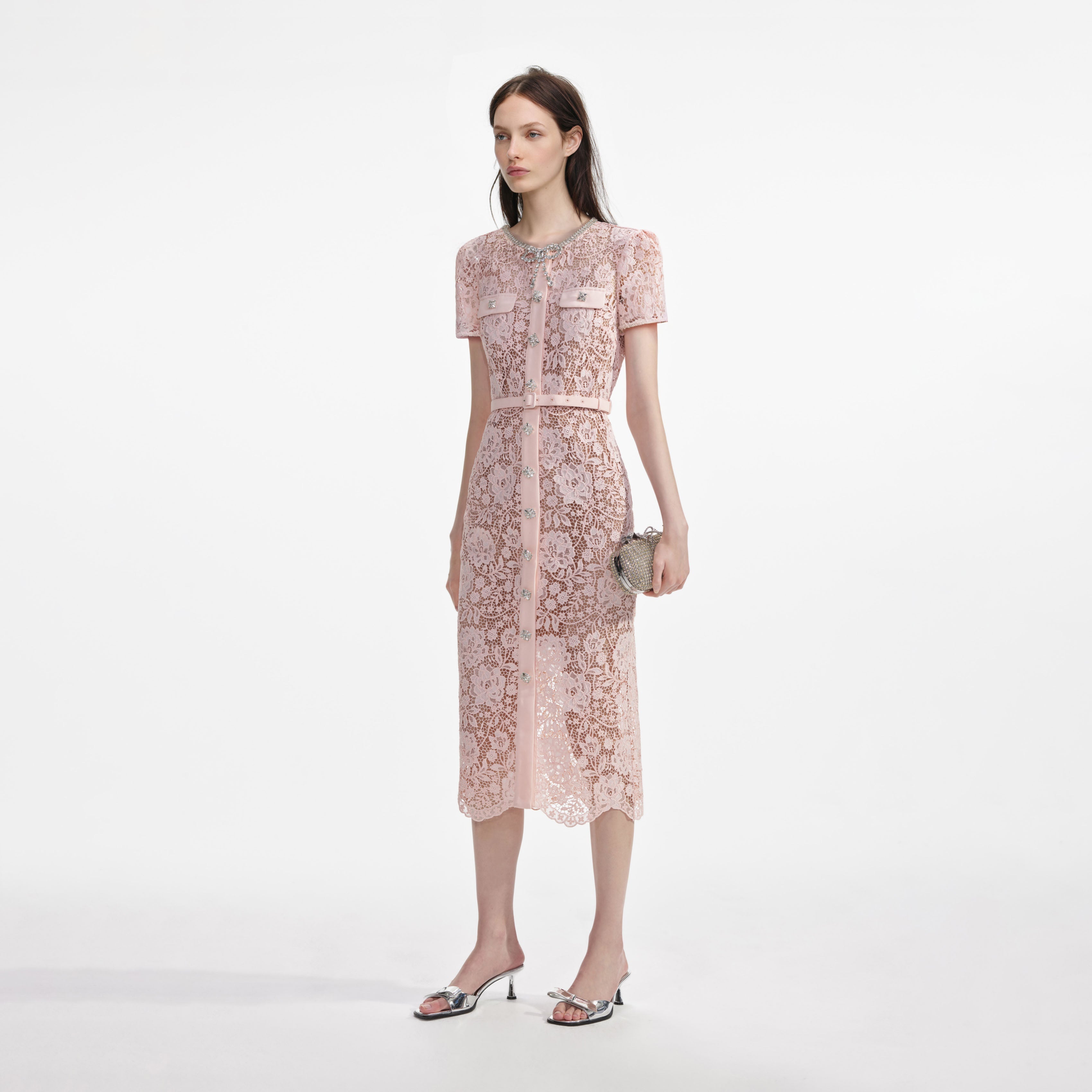 Pink Lace Diamante Bow Midi Dress