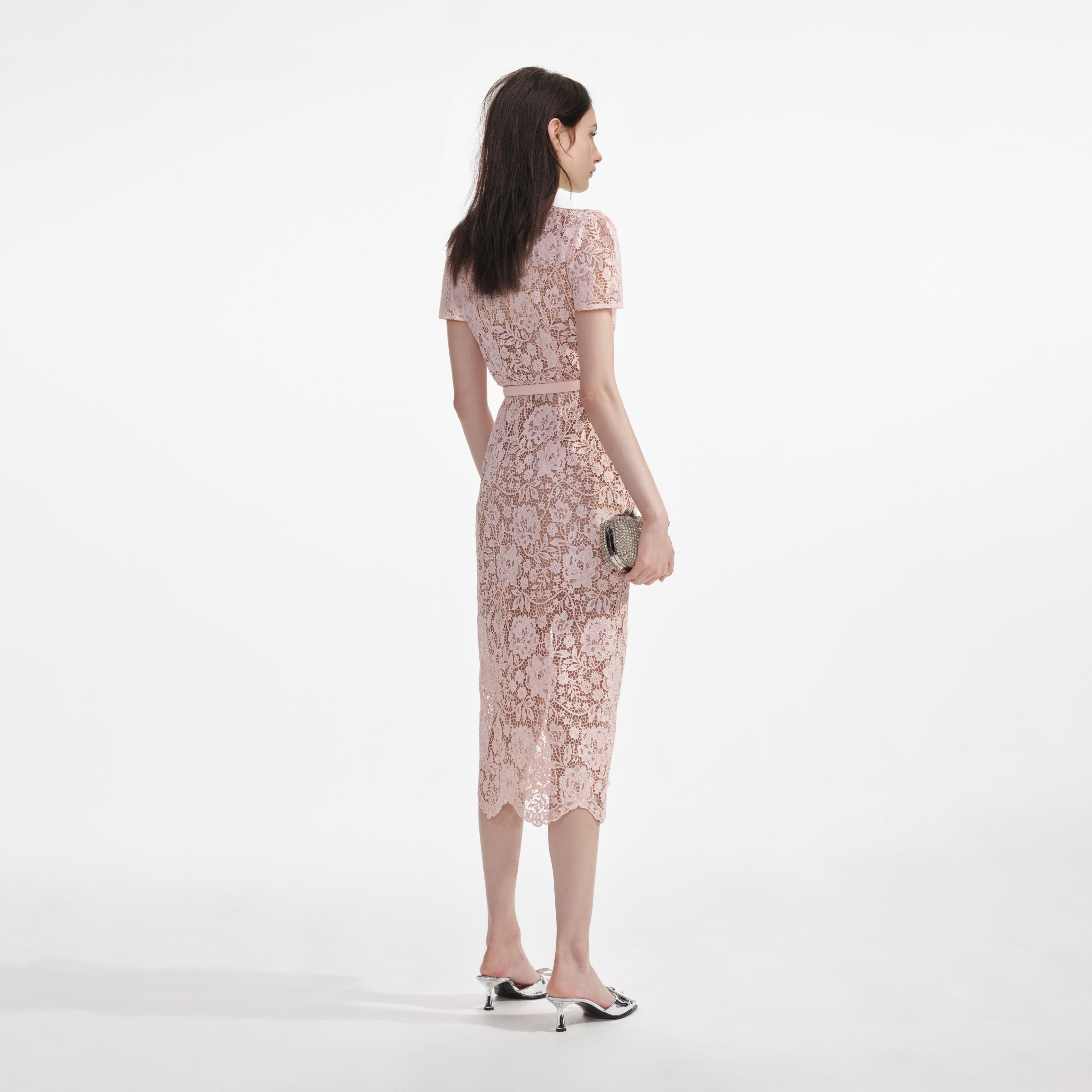 Pink Lace Diamante Bow Midi Dress