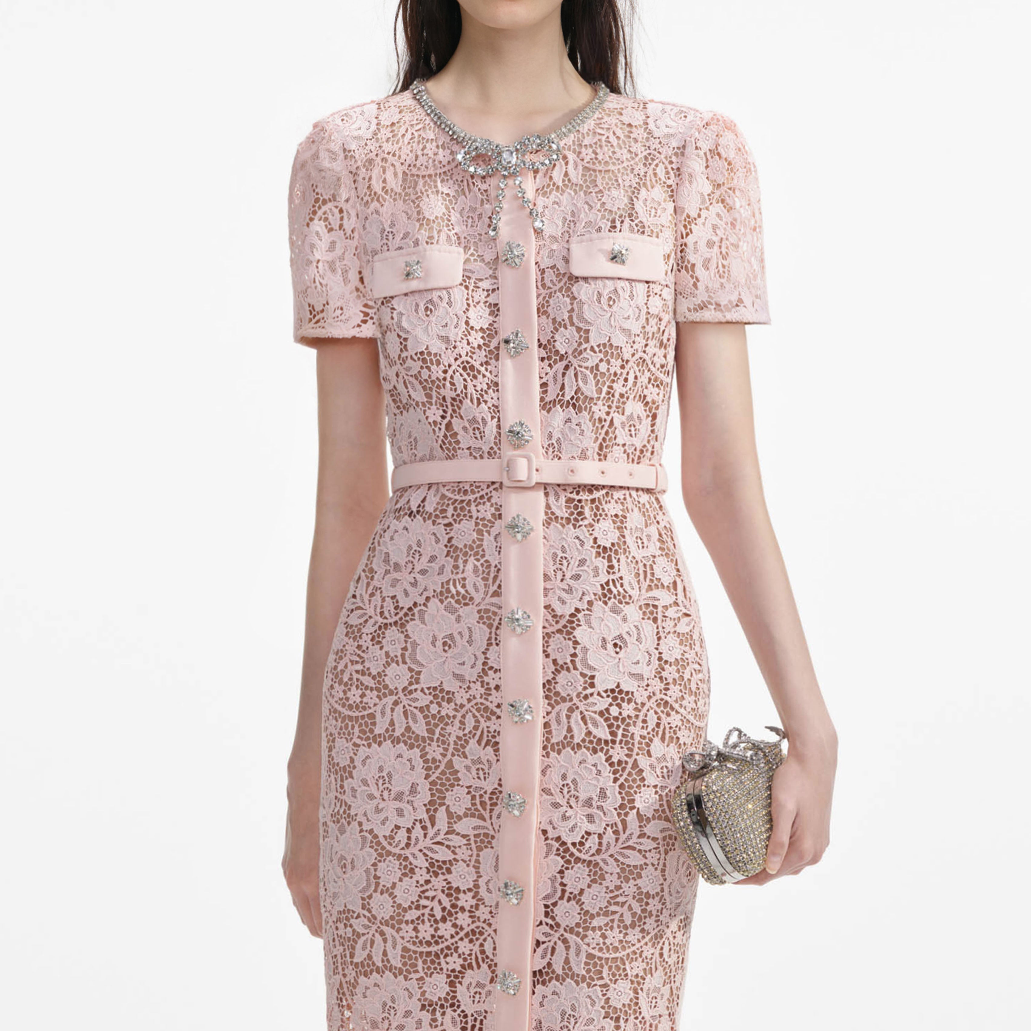 Pink Lace Diamante Bow Midi Dress