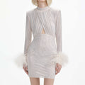 Cream Rhinestone Feather Mini Dress