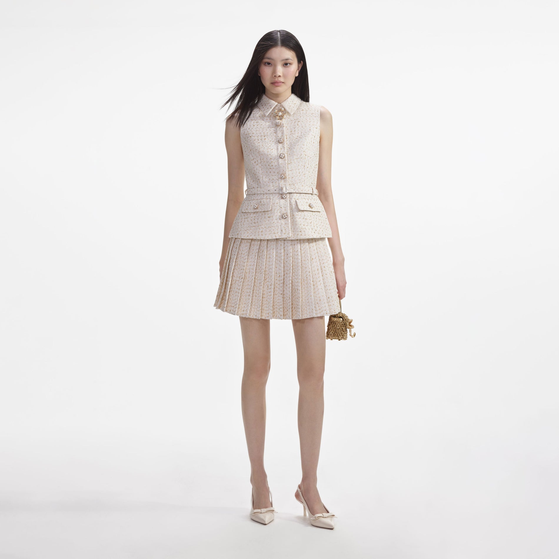 Front view of a woman wearing the Cream Metallic Boucle Tailored Mini Dress