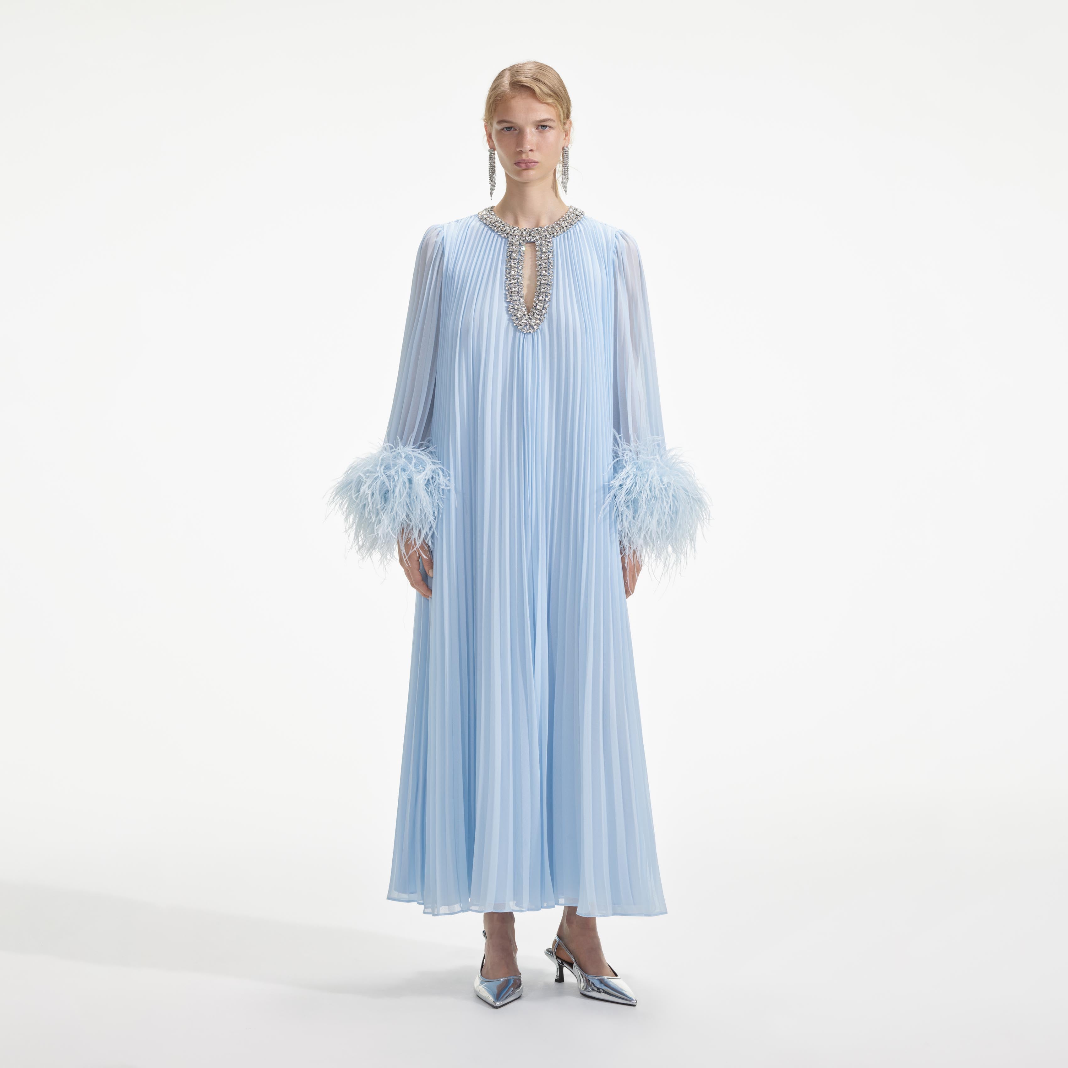 Blue Chiffon Feather Midi Dress