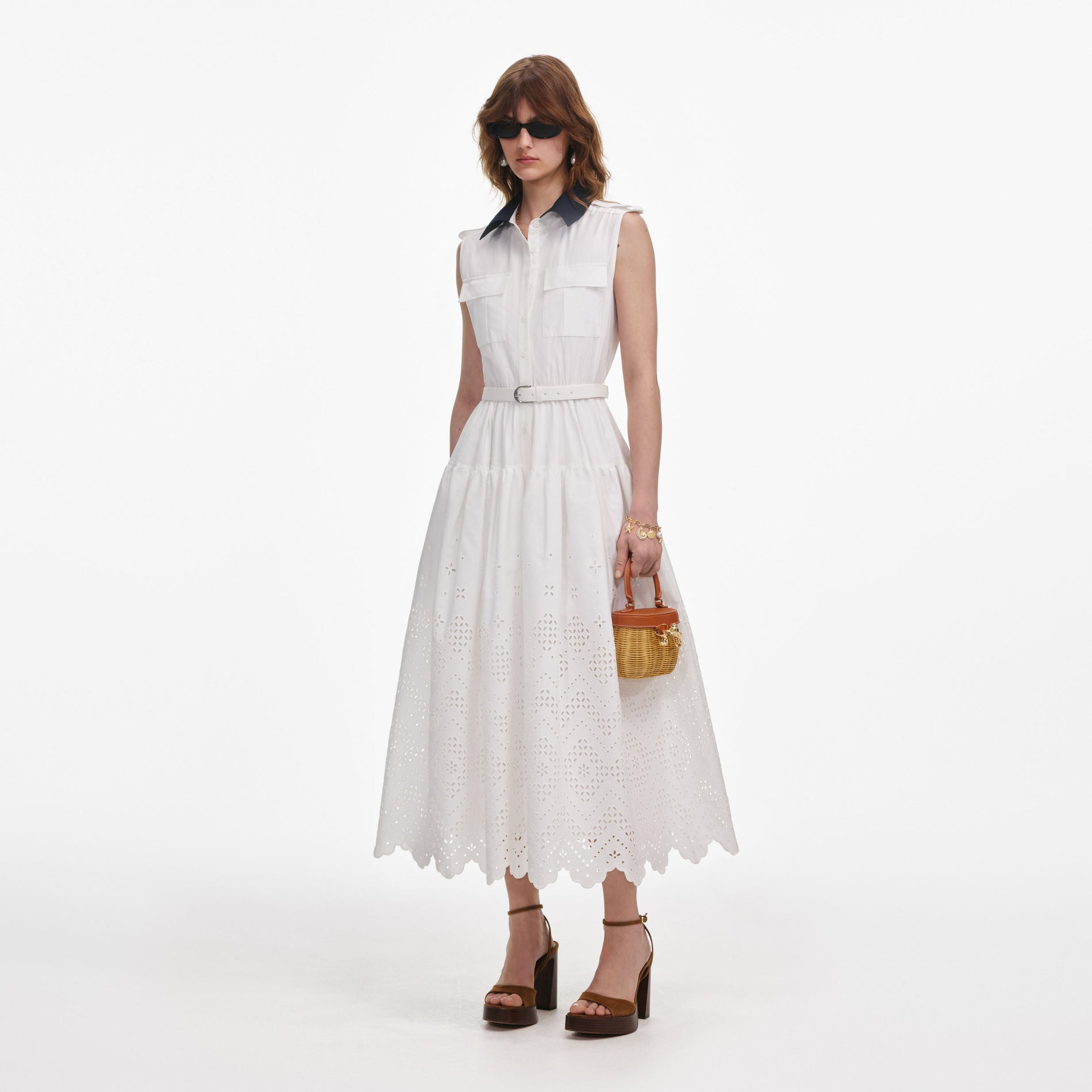 Side view of a woman wearing the White Contrast Collar Broderie Midi Dress