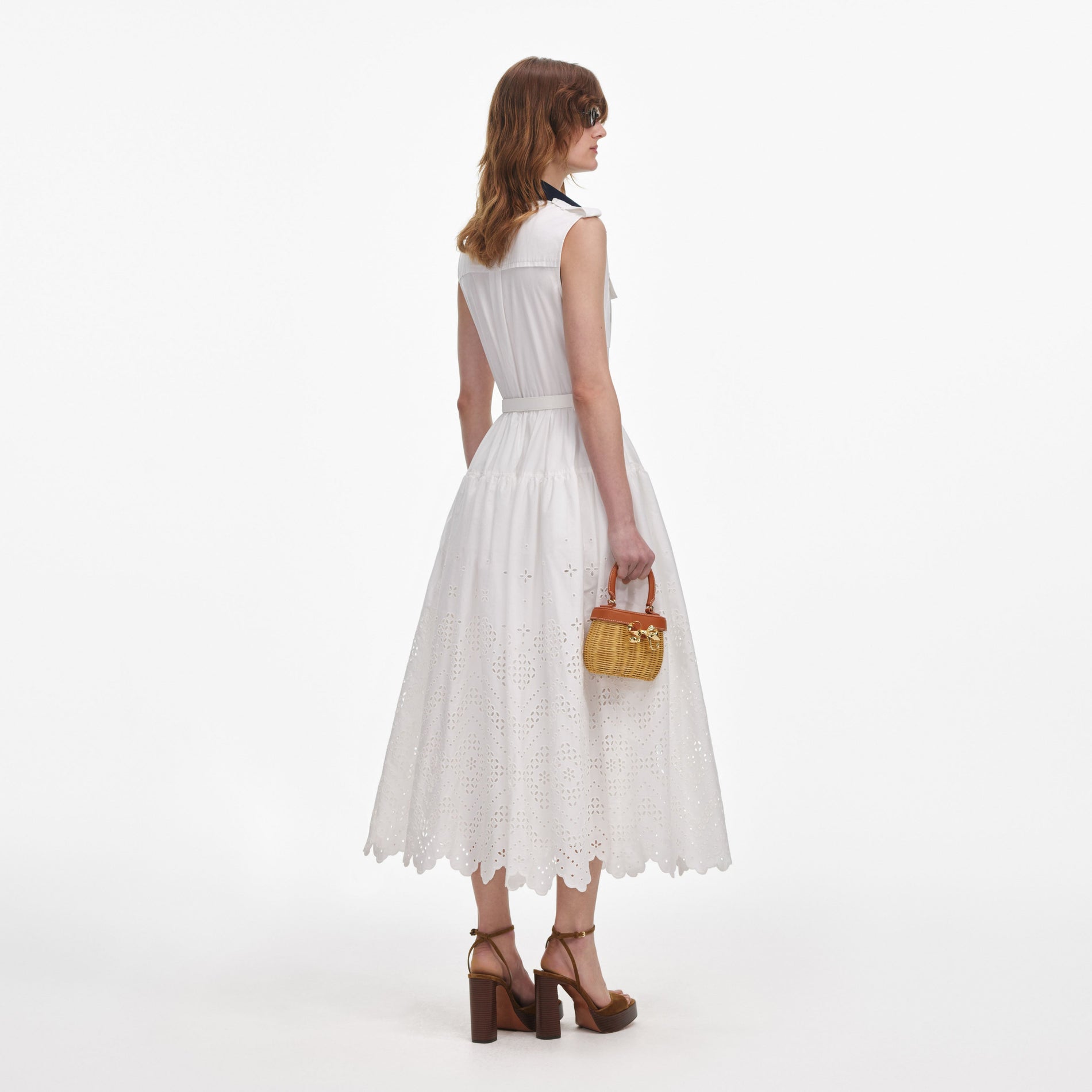 Back view of a woman wearing the White Contrast Collar Broderie Midi Dress