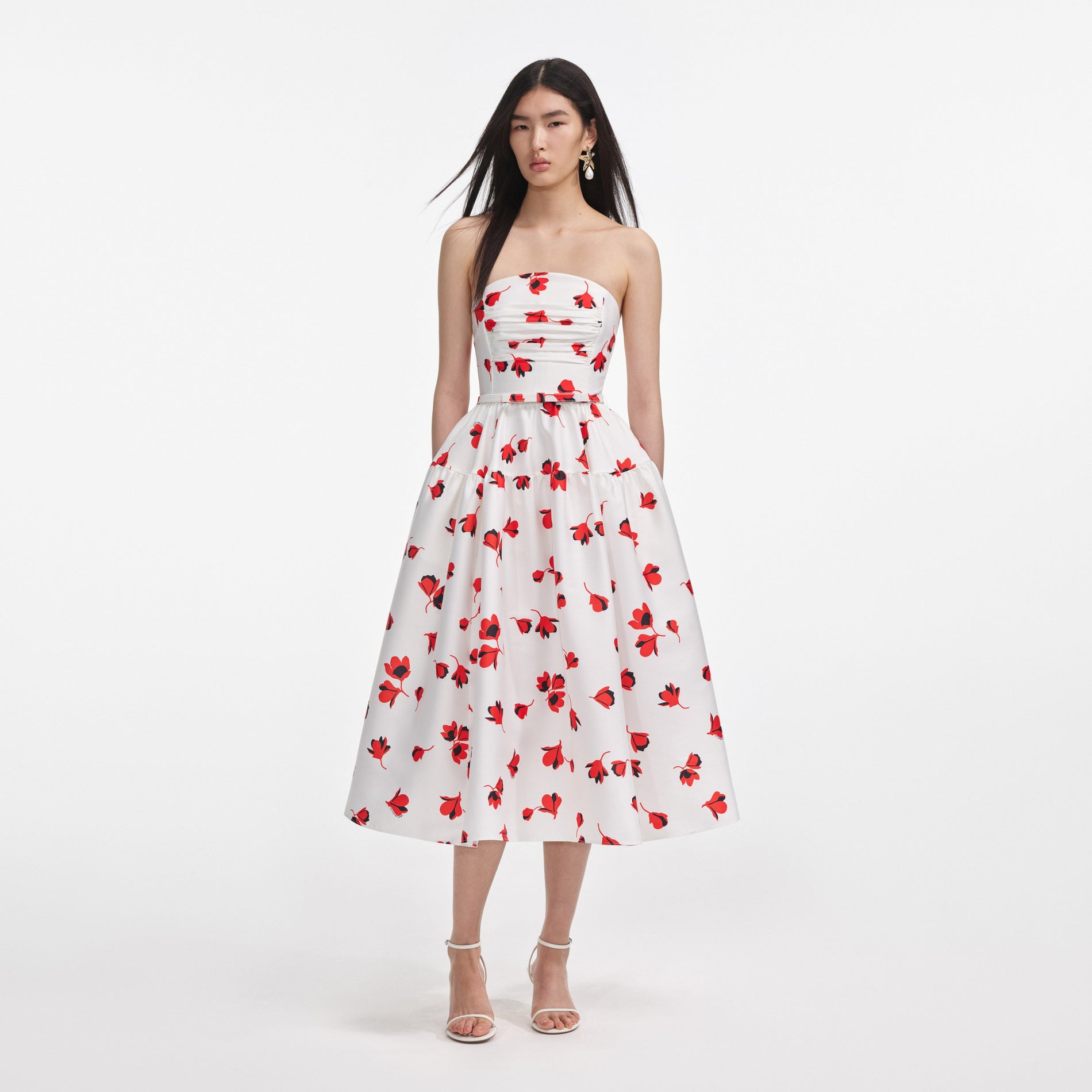 Front view of a woman wearing the Floral Print Taffeta Midi Dress