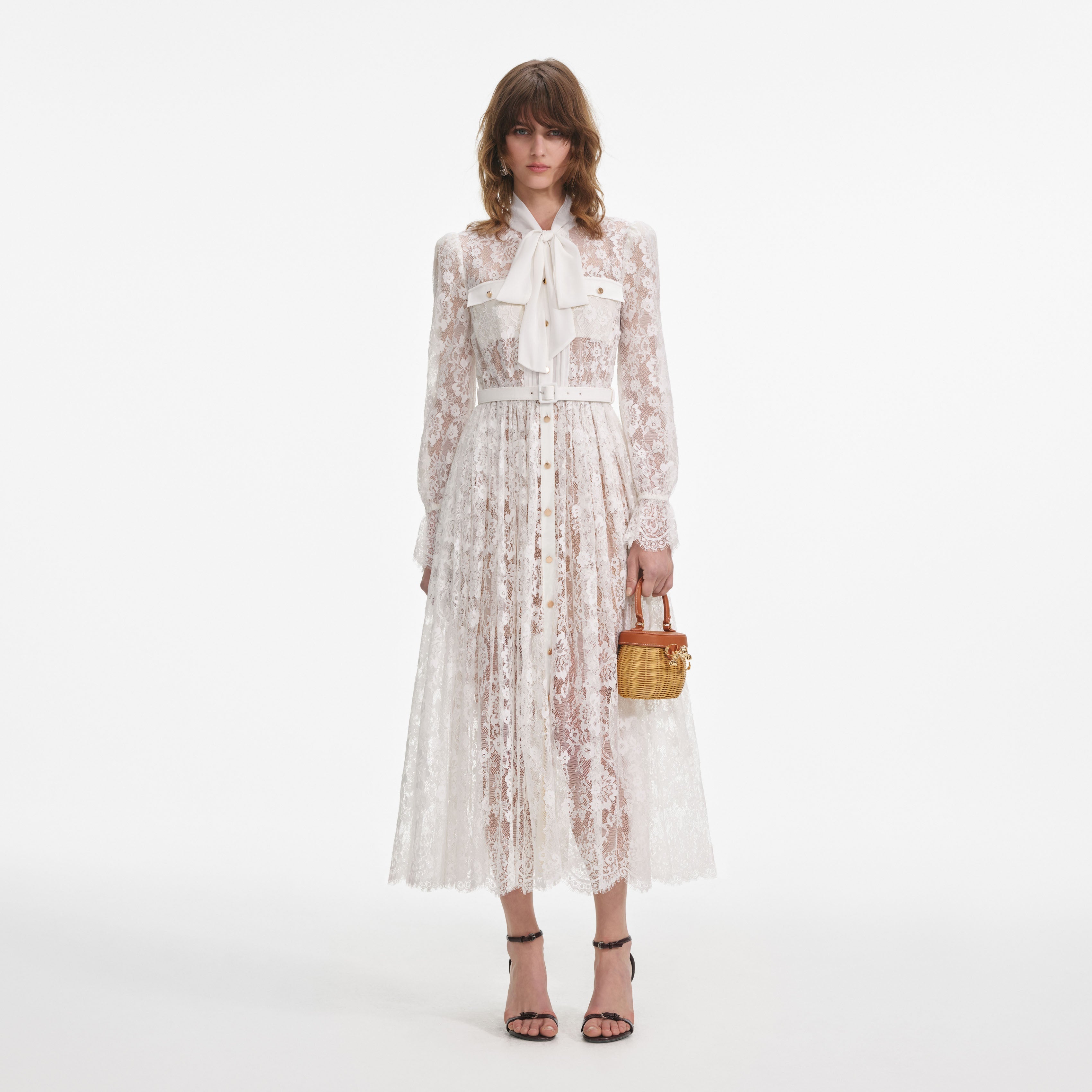 White Lace Tie Neck Midi Dress