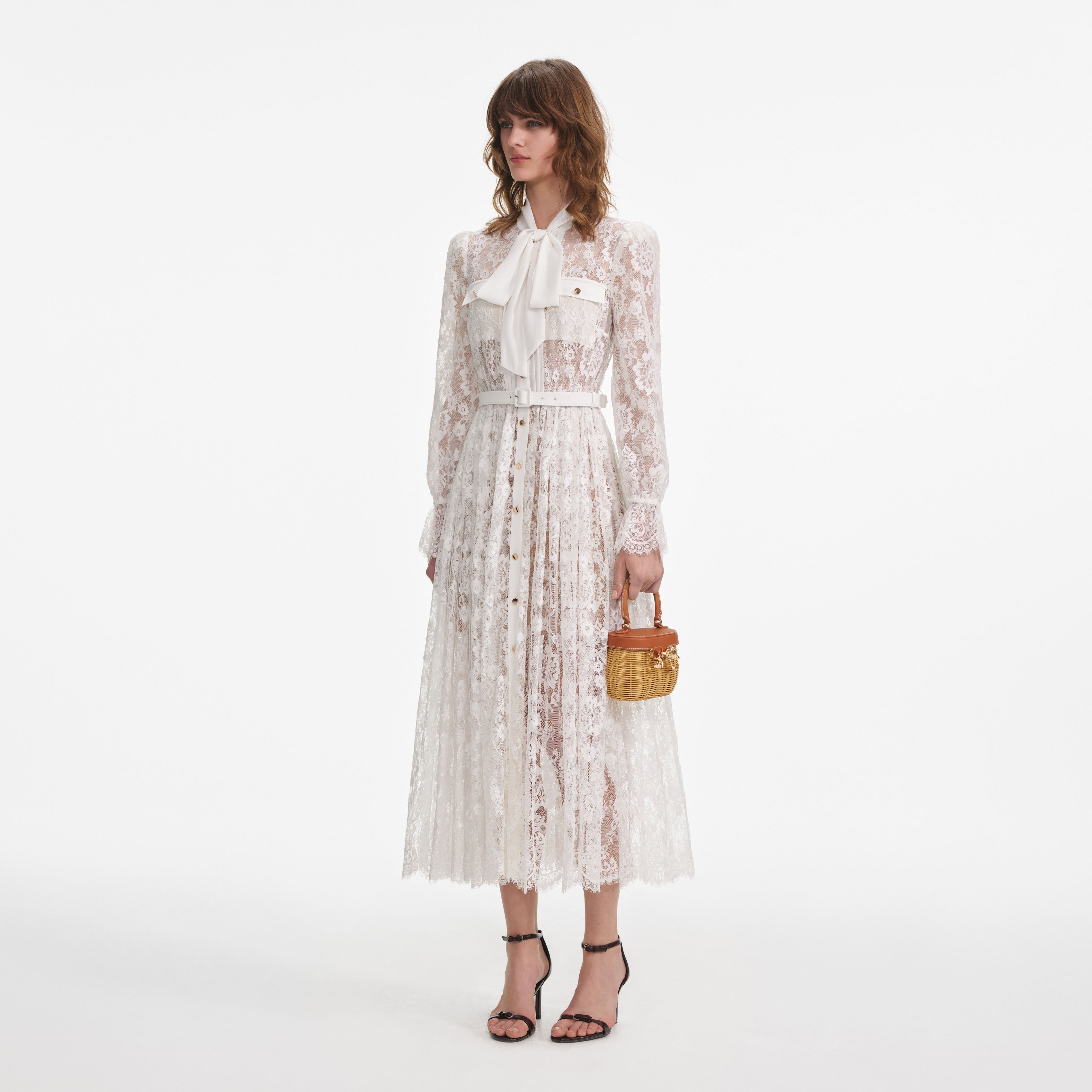 White Lace Tie Neck Midi Dress